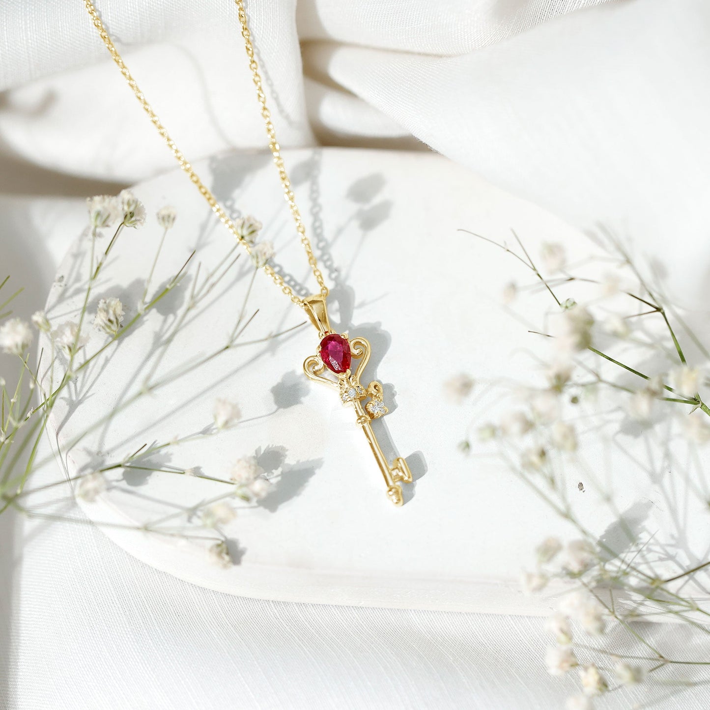Vintage Inspired Lab Grown Ruby and Diamond Key Pendant Necklace