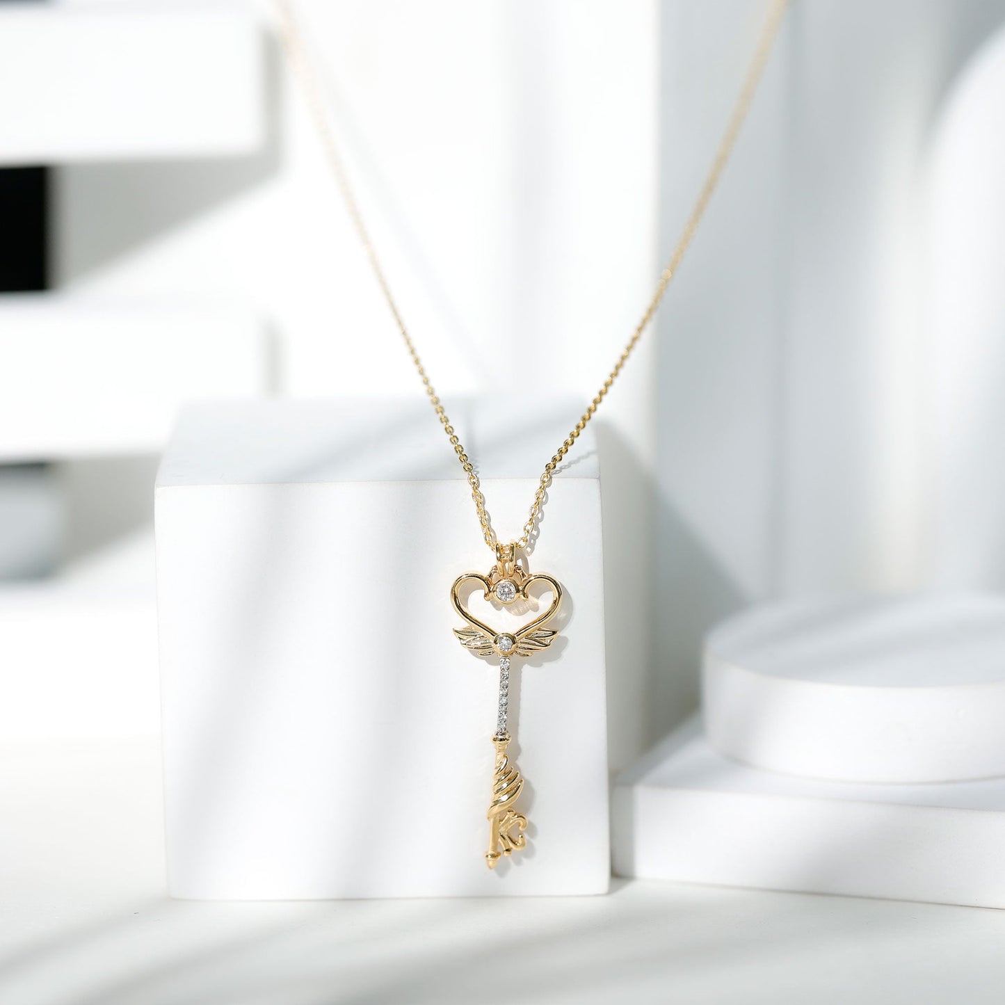 Diamond Key Necklace with Angel Wings