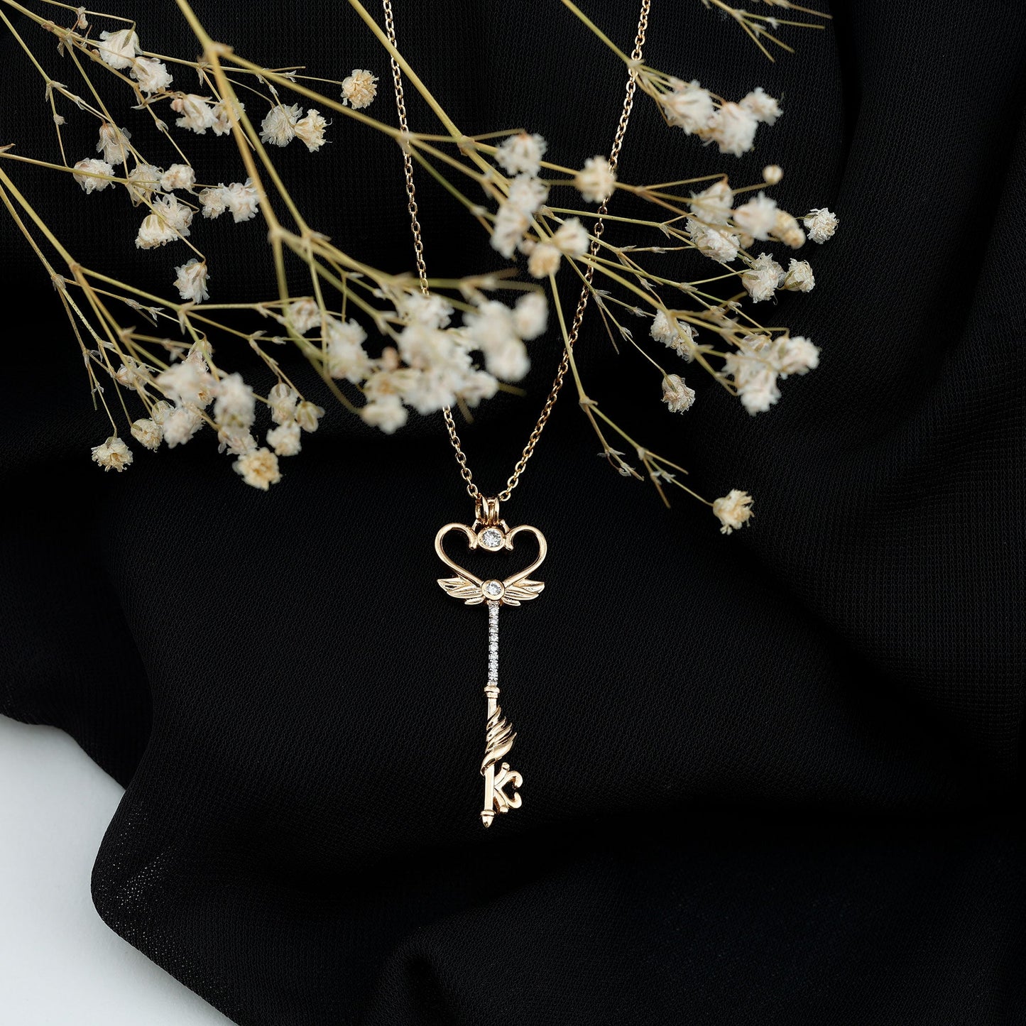 Diamond Key Necklace with Angel Wings