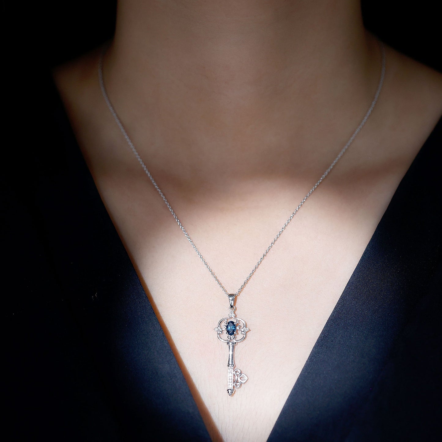London Blue Topaz and Diamond Vintage Key Necklace