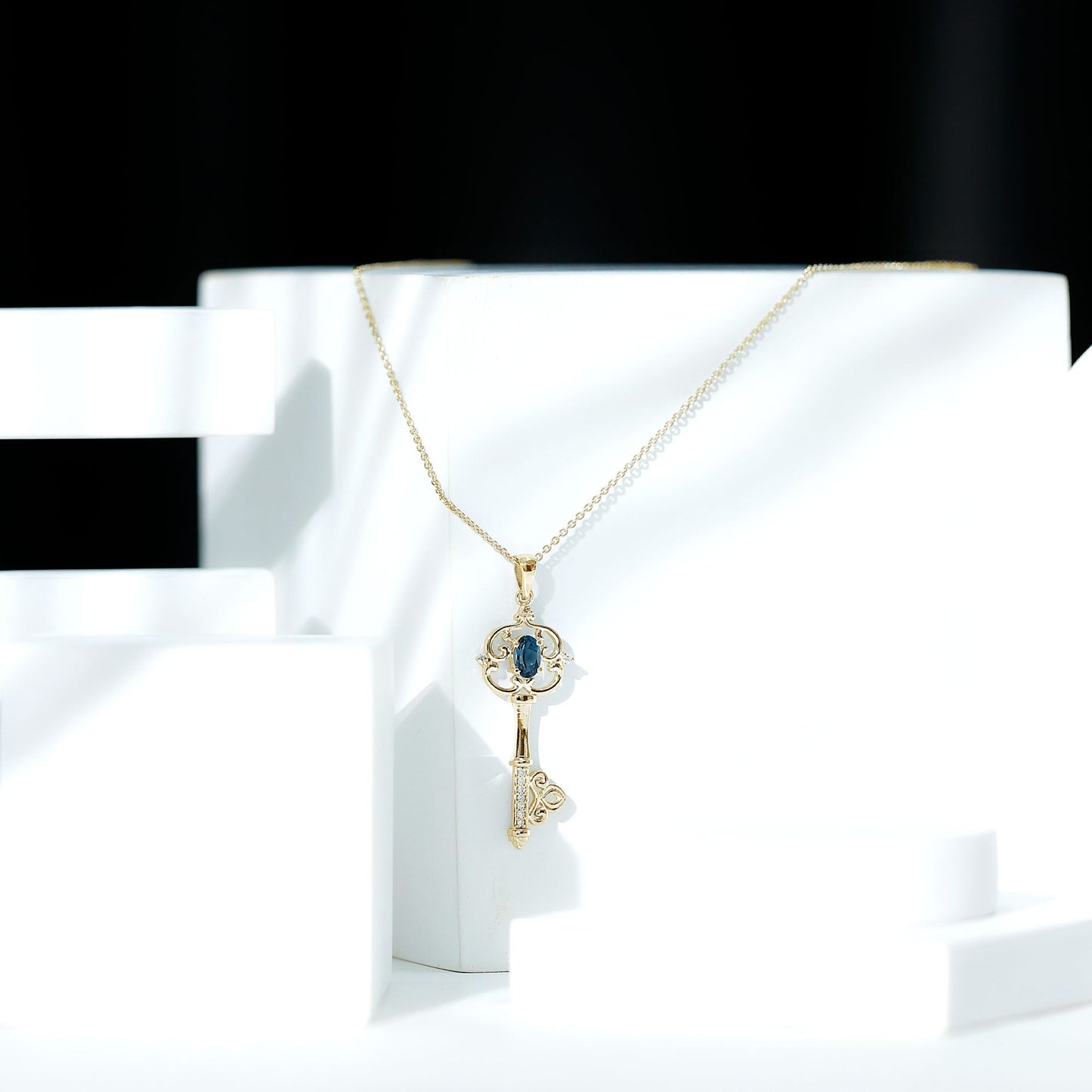 London Blue Topaz and Diamond Vintage Key Necklace