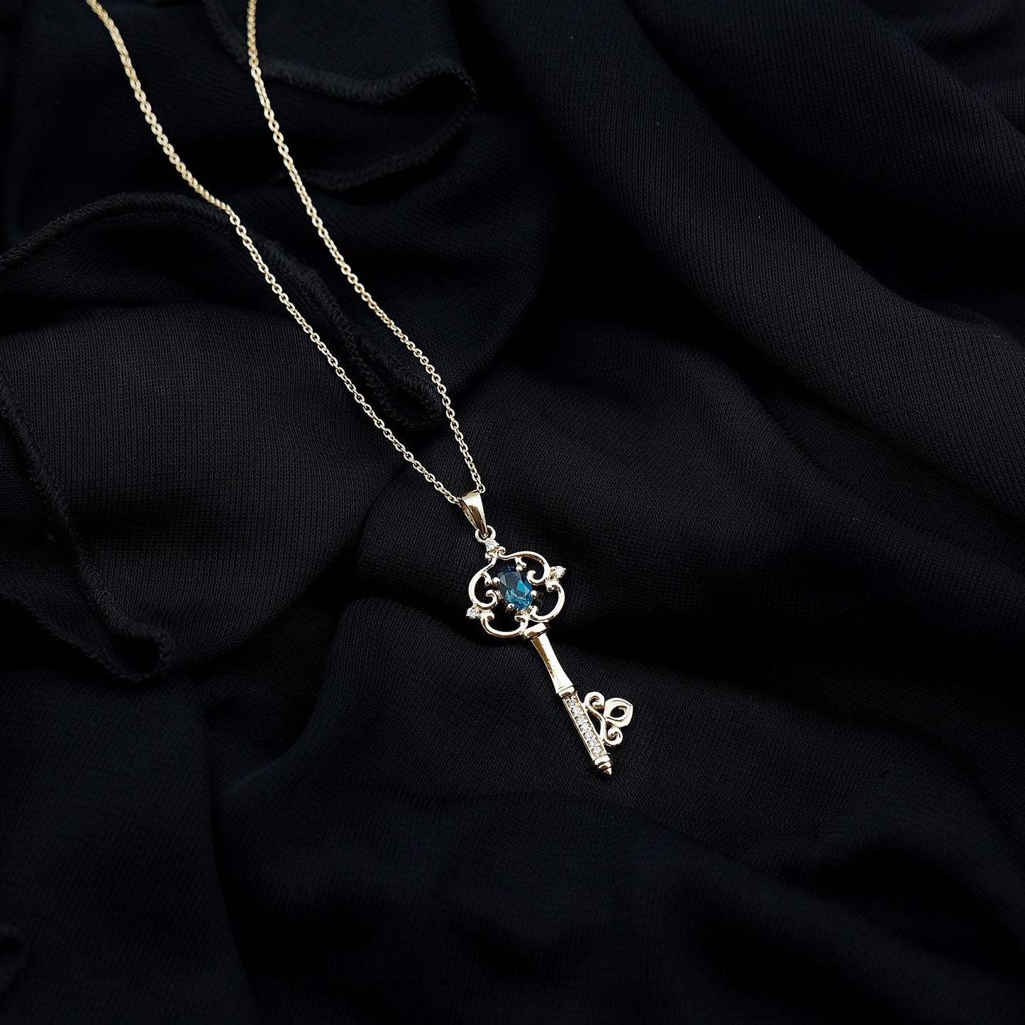 London Blue Topaz and Diamond Vintage Key Necklace
