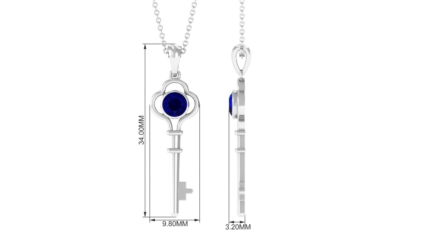 Natural 0.9 Carat Blue Sapphire Key Pendant Necklace for Women