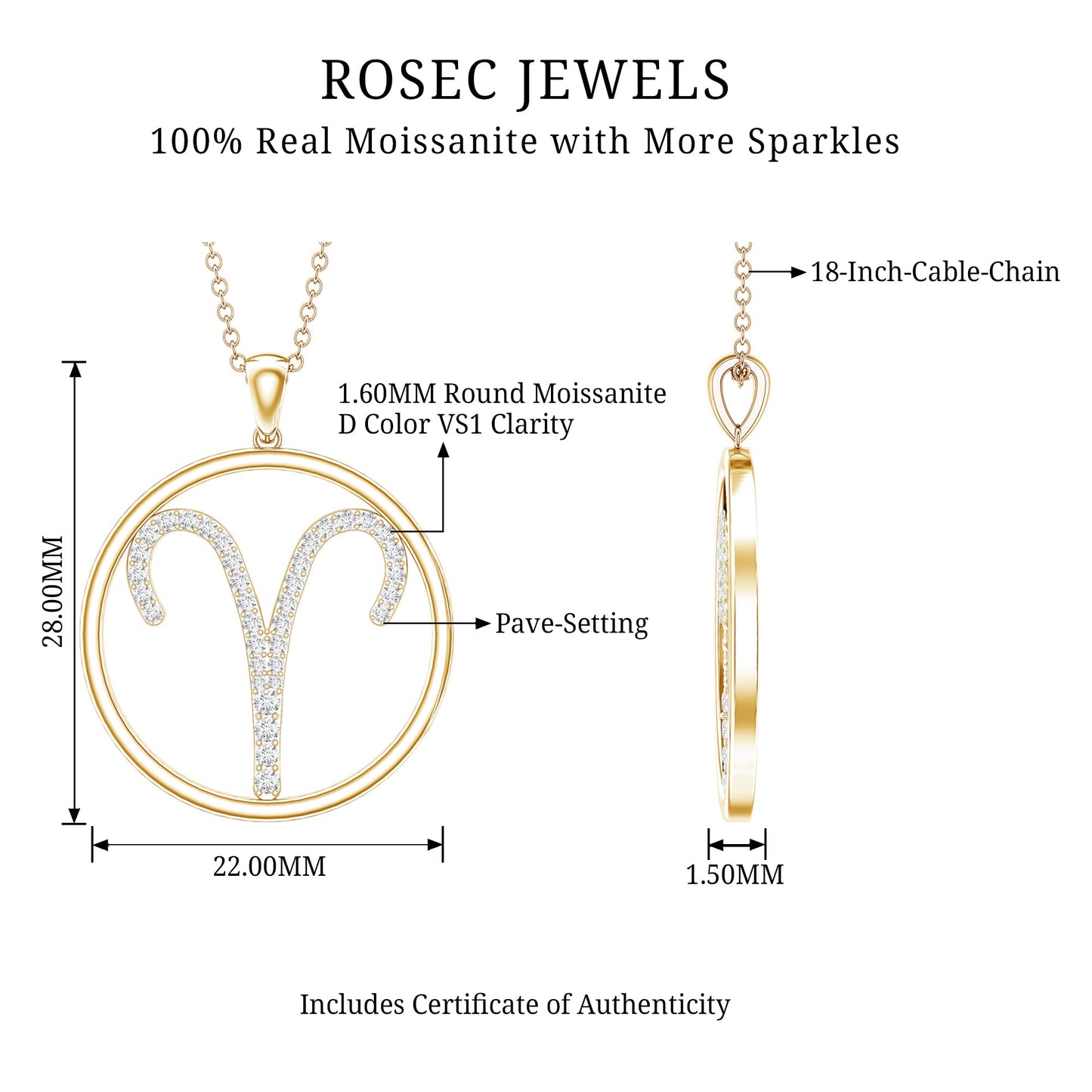 Certified Moissanite Aries Zodiac Sign Pendant Necklace