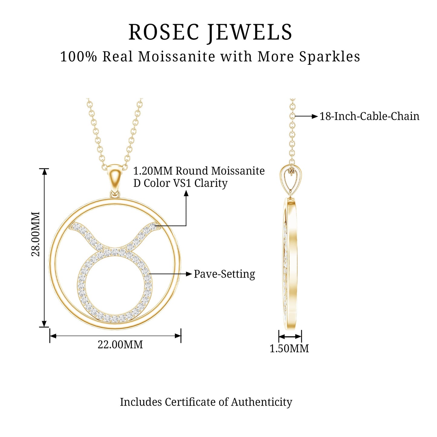 Certified Moissanite Taurus Zodiac Sign Pendant Necklace