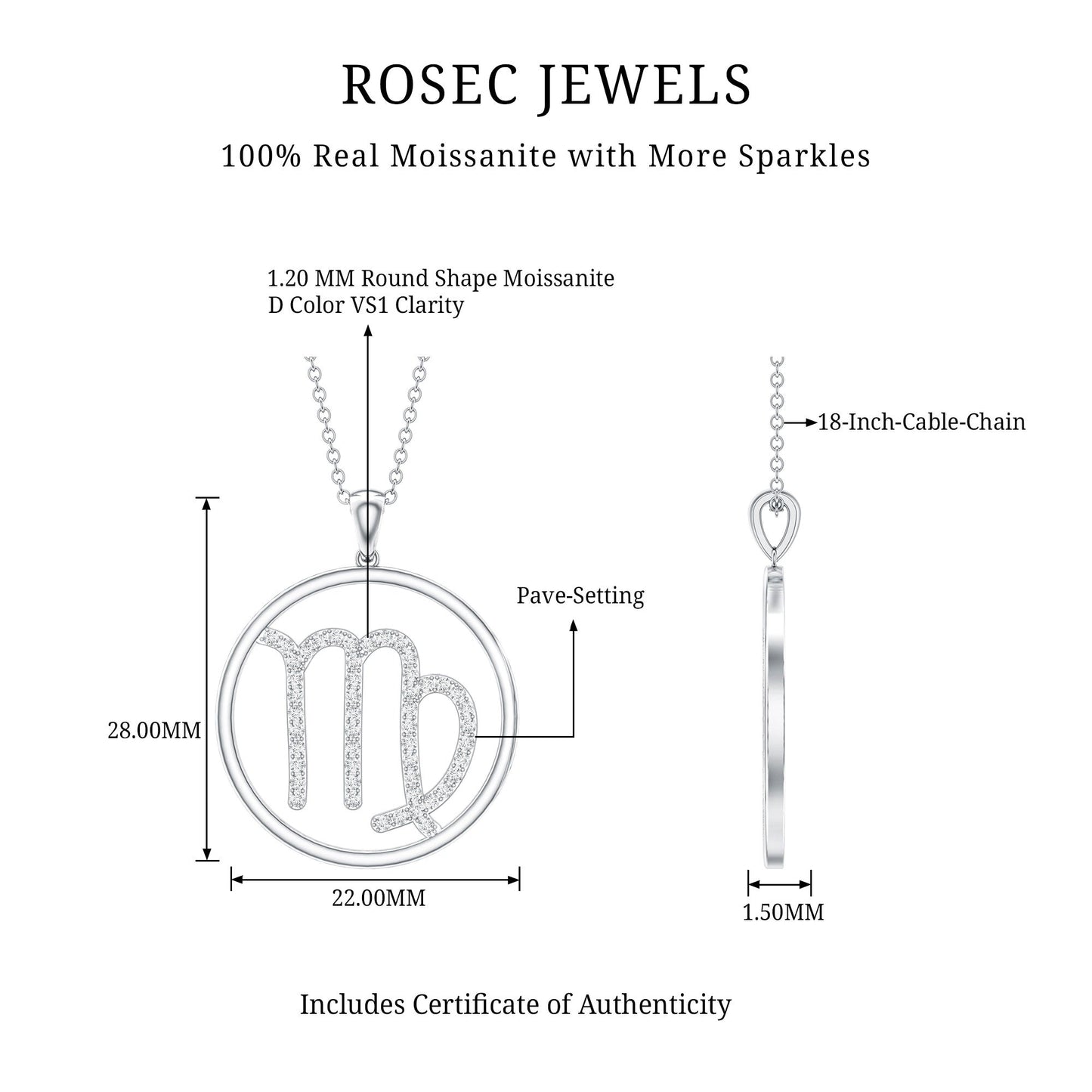 Certified Moissanite Virgo Zodiac Sign Pendant Necklace