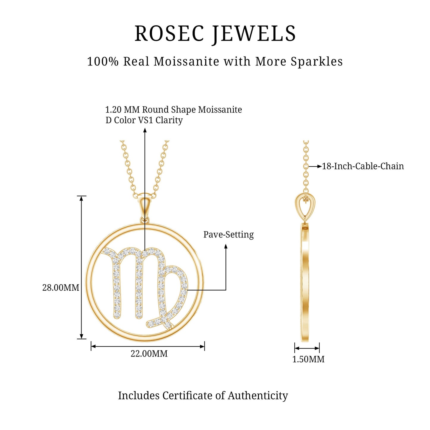 Certified Moissanite Virgo Zodiac Sign Pendant Necklace