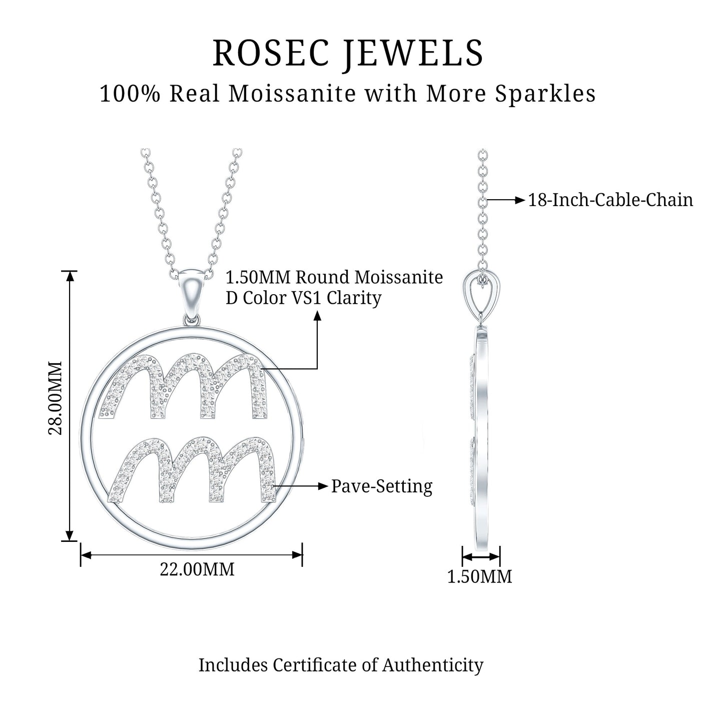 Certified Moissanite Zodiac Aquarius Pendant Necklace