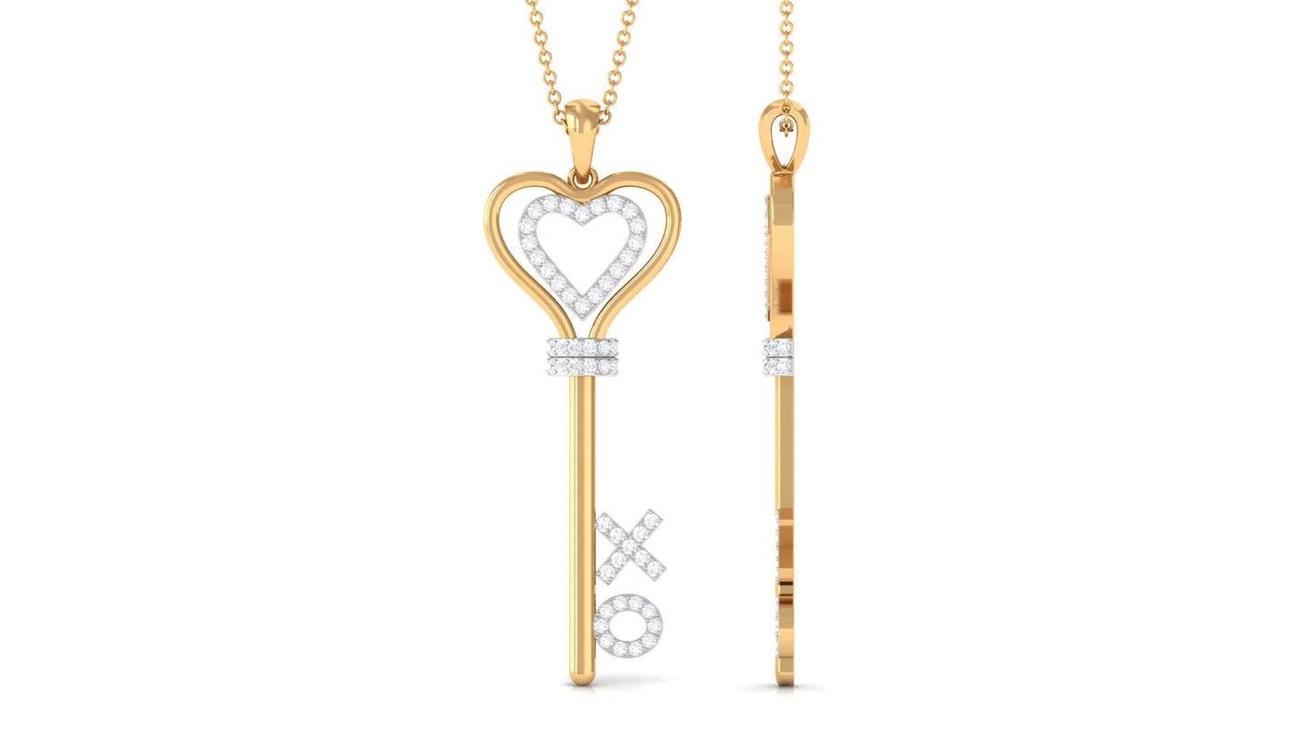 Certified Moissanite Double Heart Key Pendant with XO