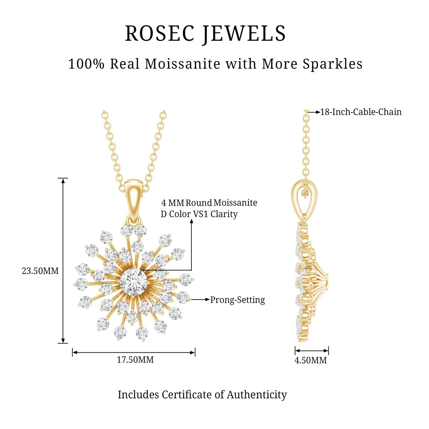 Certified Moissanite Sunburst Pendant for Women