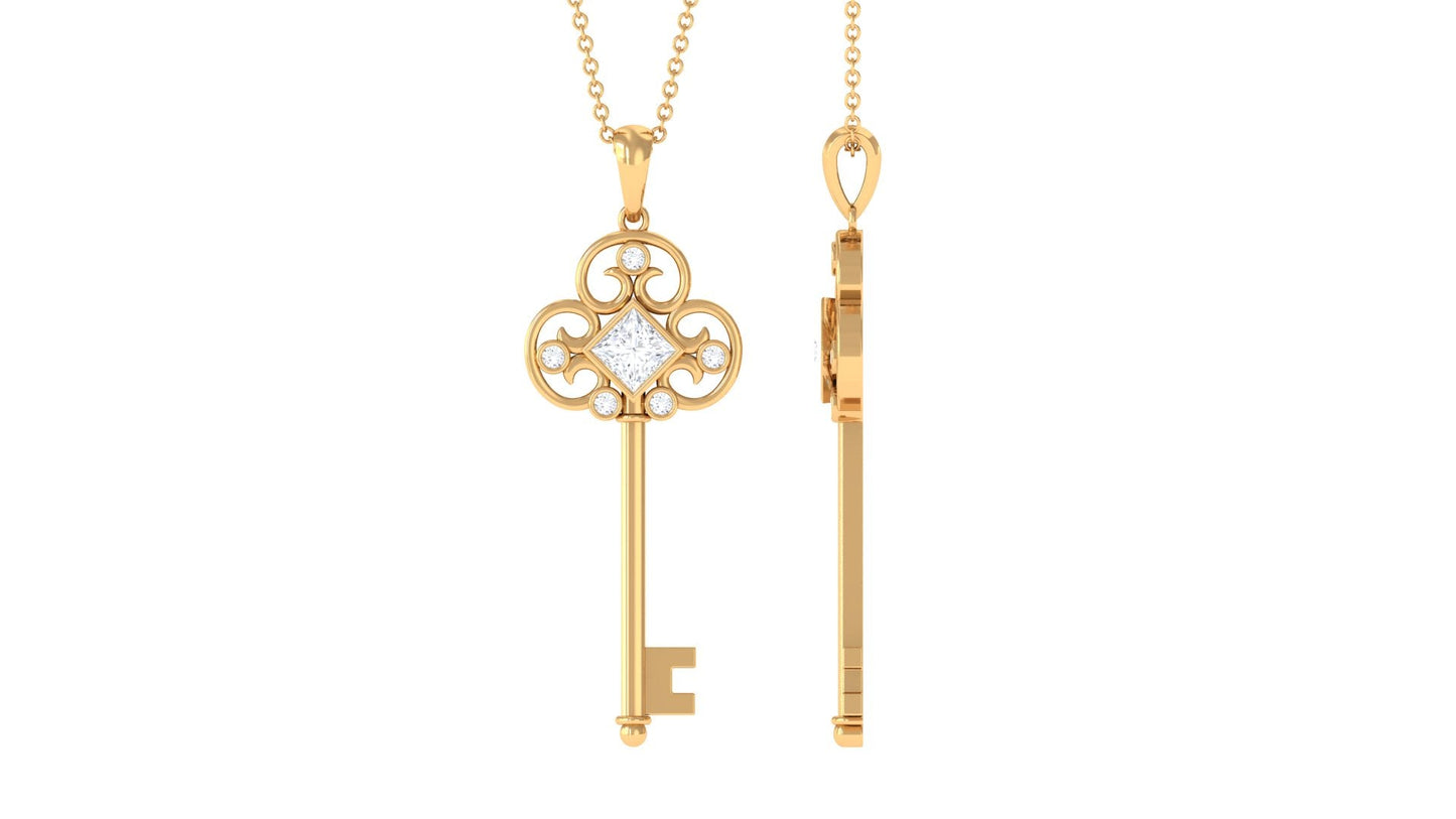 Princess Cut Moissanite Vintage Key Pendant Necklace