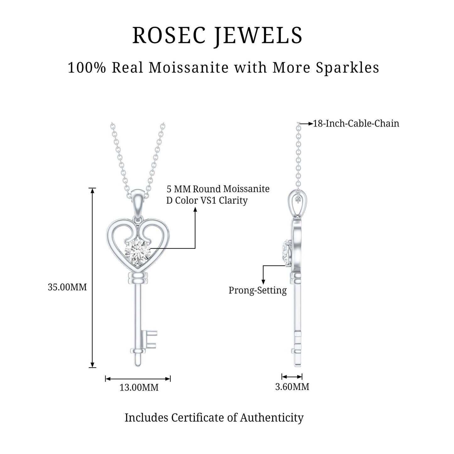 Certified Moissanite Heart and Key Pendant Necklace