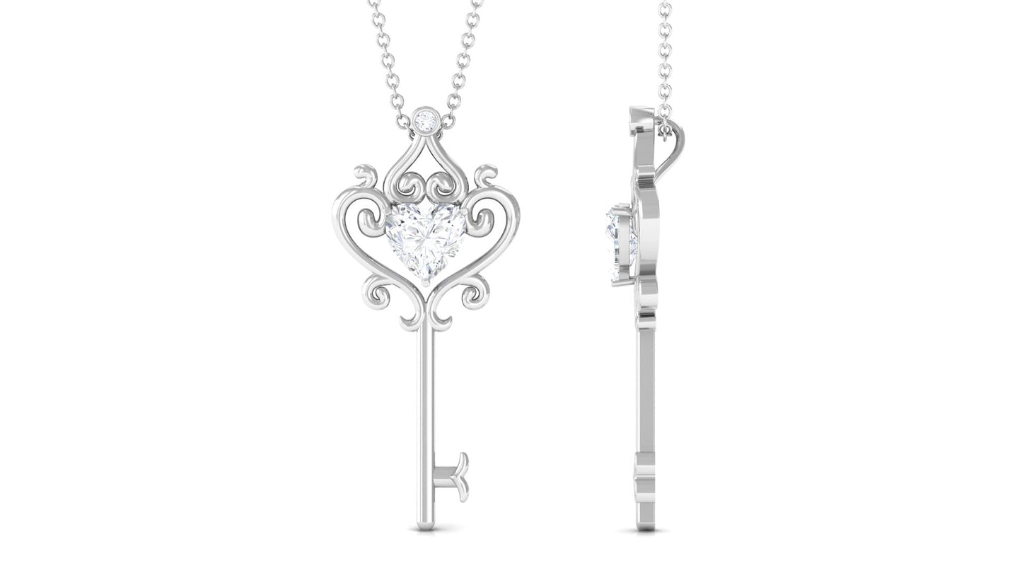 Vintage Inspired Heart Shape Moissanite Key Necklace for Women