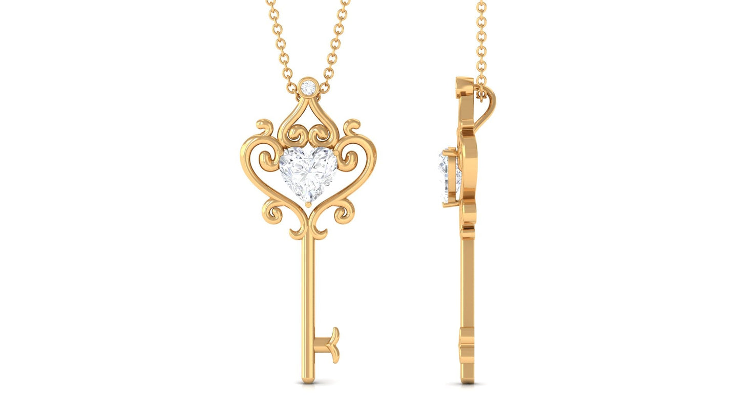Vintage Inspired Heart Shape Moissanite Key Necklace for Women