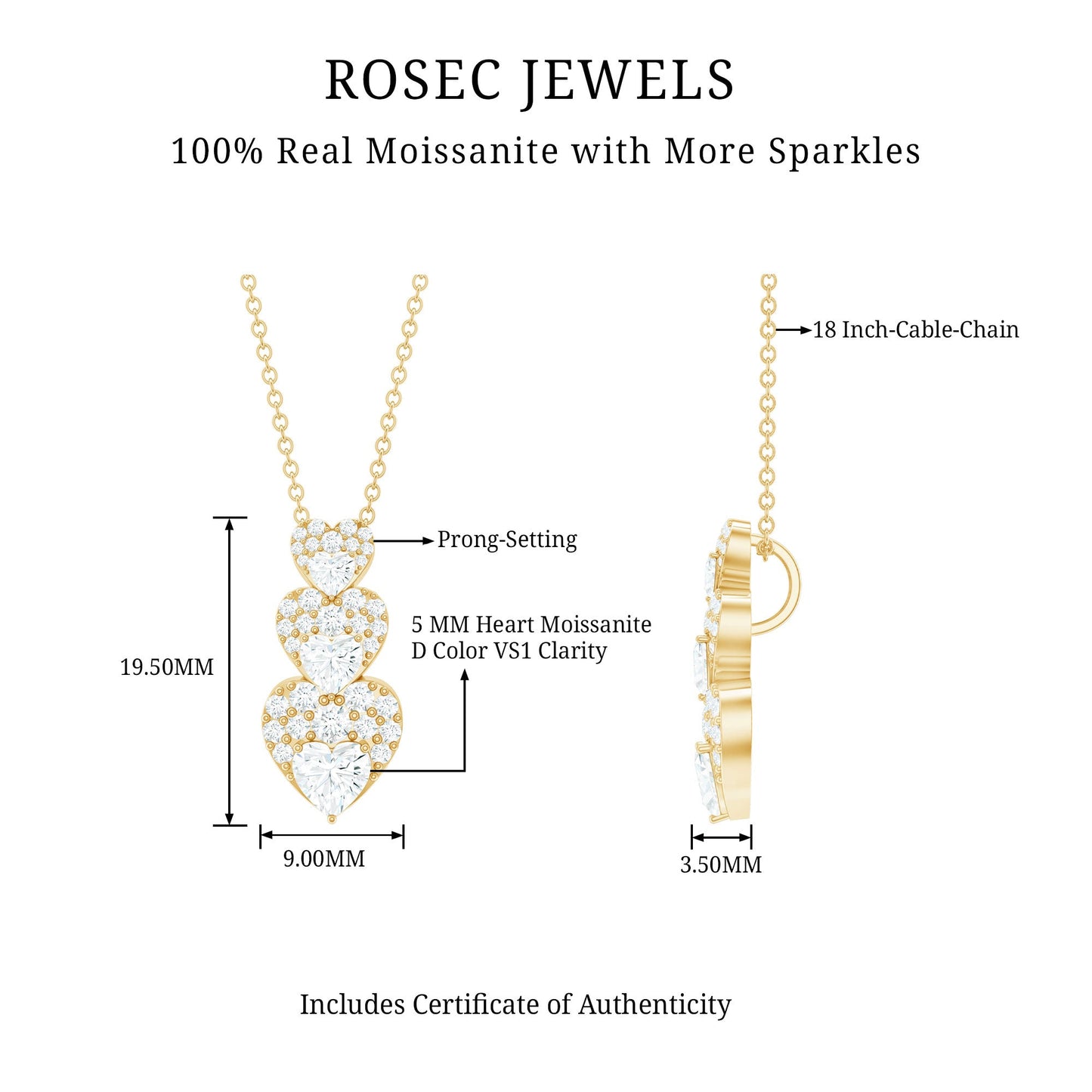 Certified Moissanite Dangle Heart Pendant Necklace