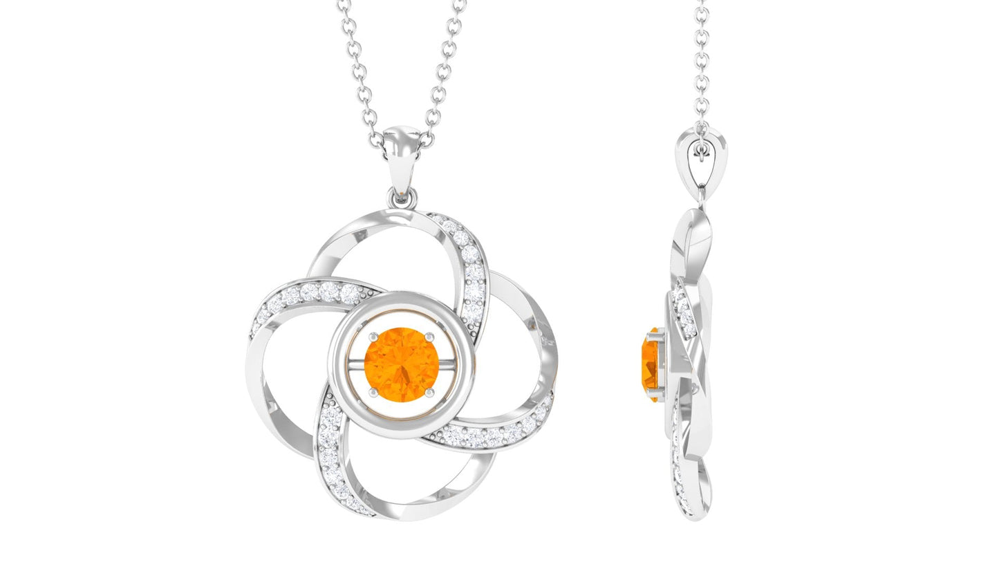Round Fire Opal Flower Necklace with and Diamond