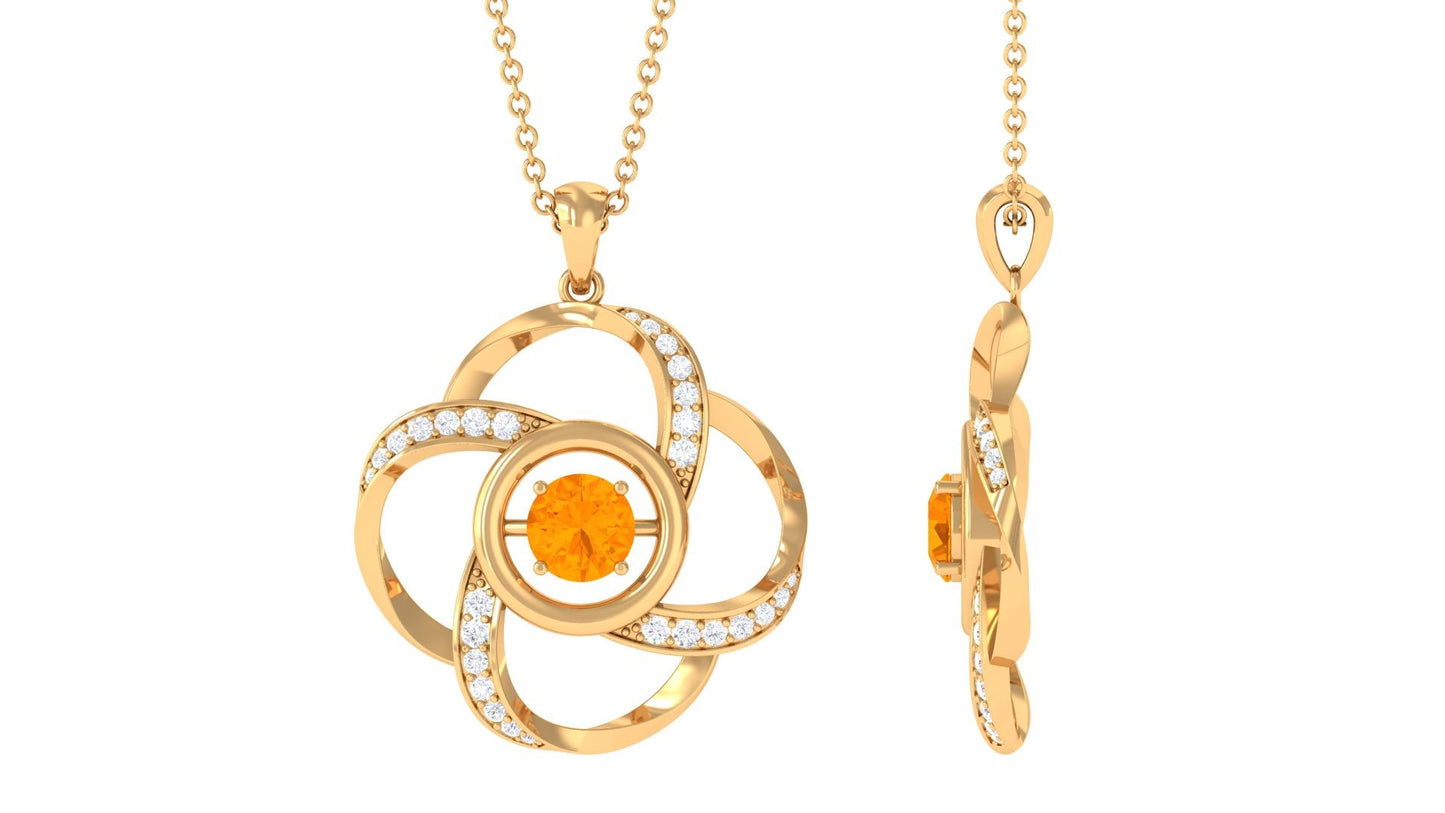 Round Fire Opal Flower Necklace with and Diamond