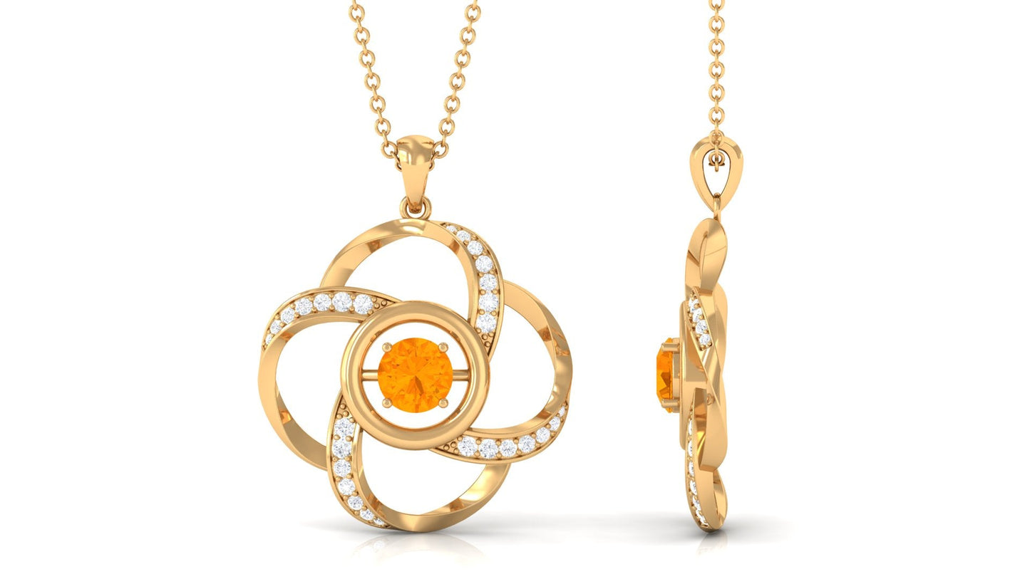 Round Fire Opal Flower Necklace with and Diamond
