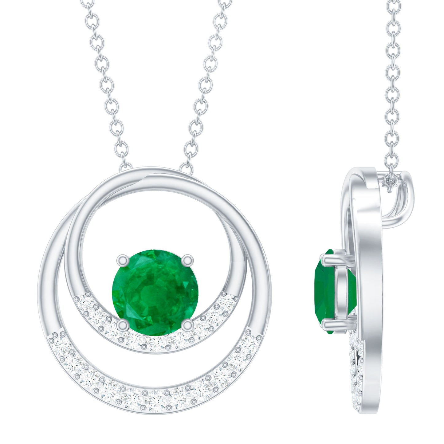 Natural Half Carat Emerald Double Circle Necklace with Diamond