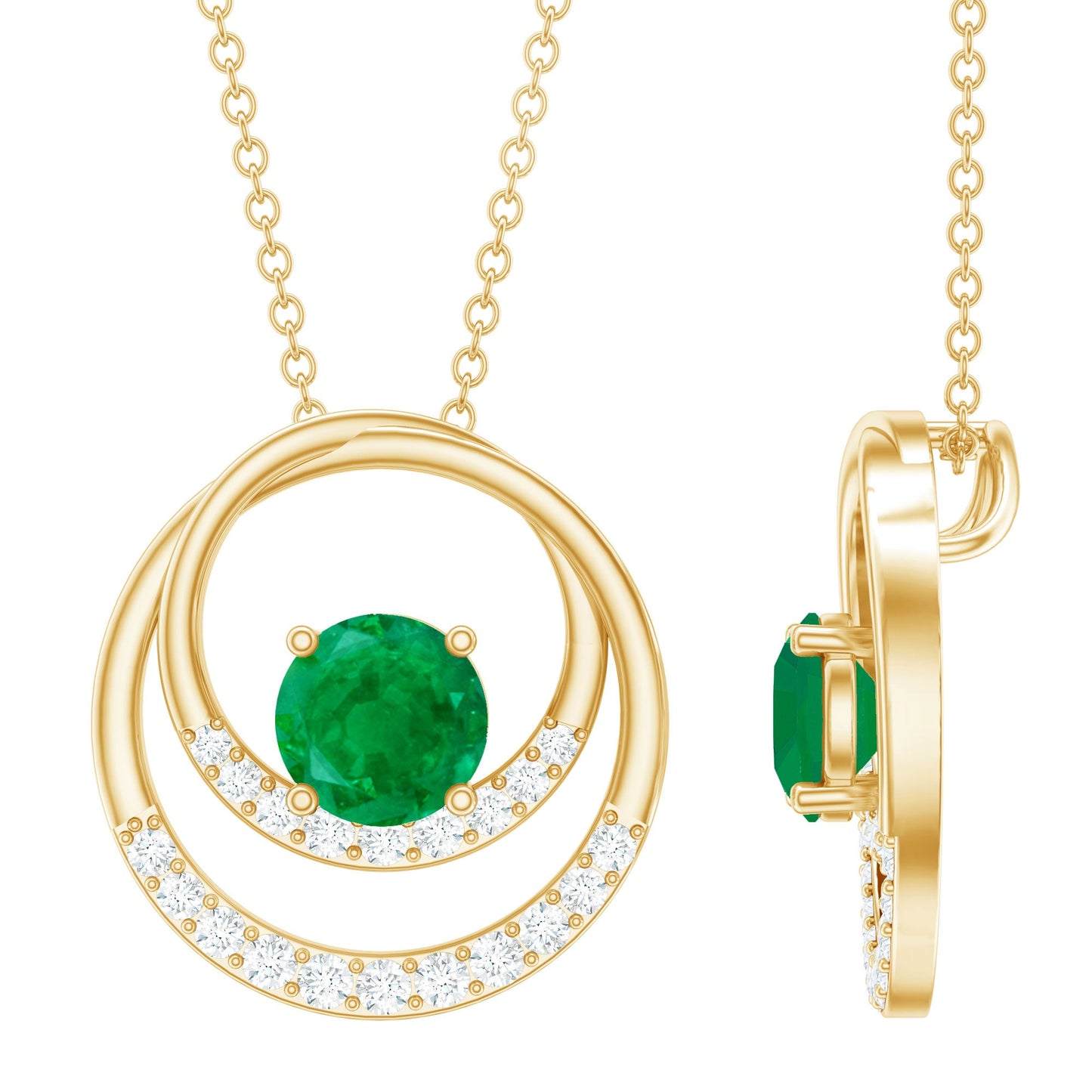 Natural Half Carat Emerald Double Circle Necklace with Diamond