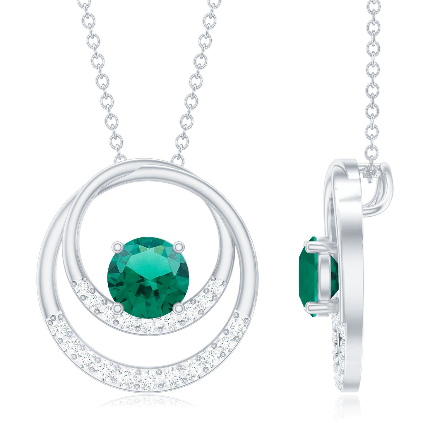 0.8 Carat Lab Created Emerald and Diamond Interlocking Circle Pendant
