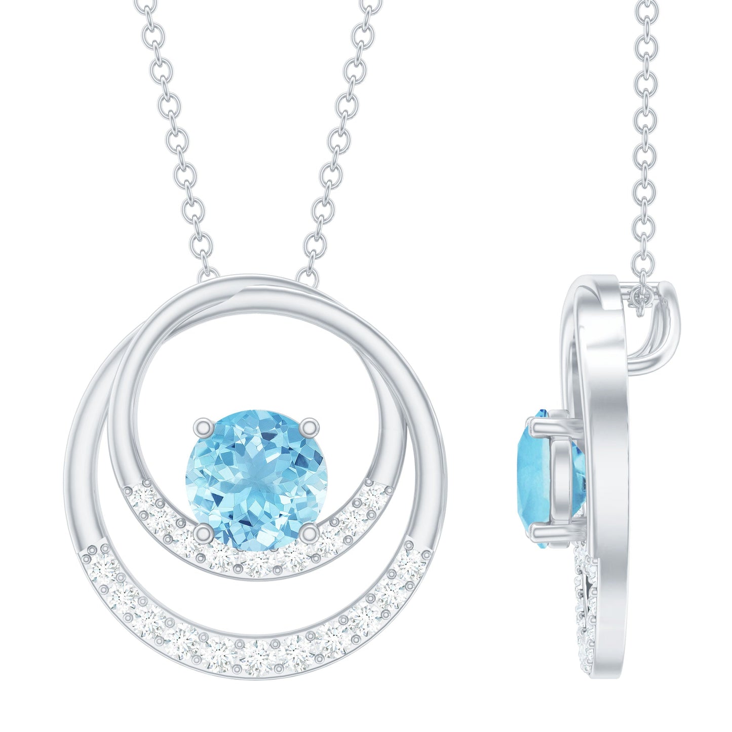 Natural Aquamarine Eternity Circle in Circle Necklace with Diamond