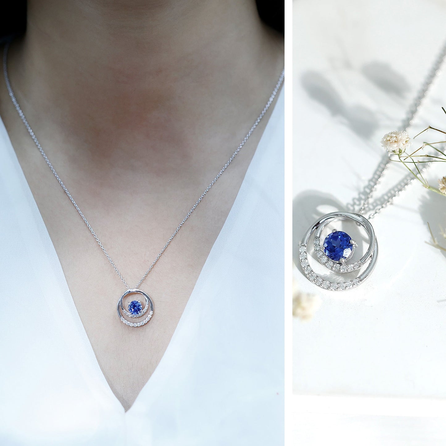 Lab Grown Blue Sapphire and Moissanite Promise Necklace