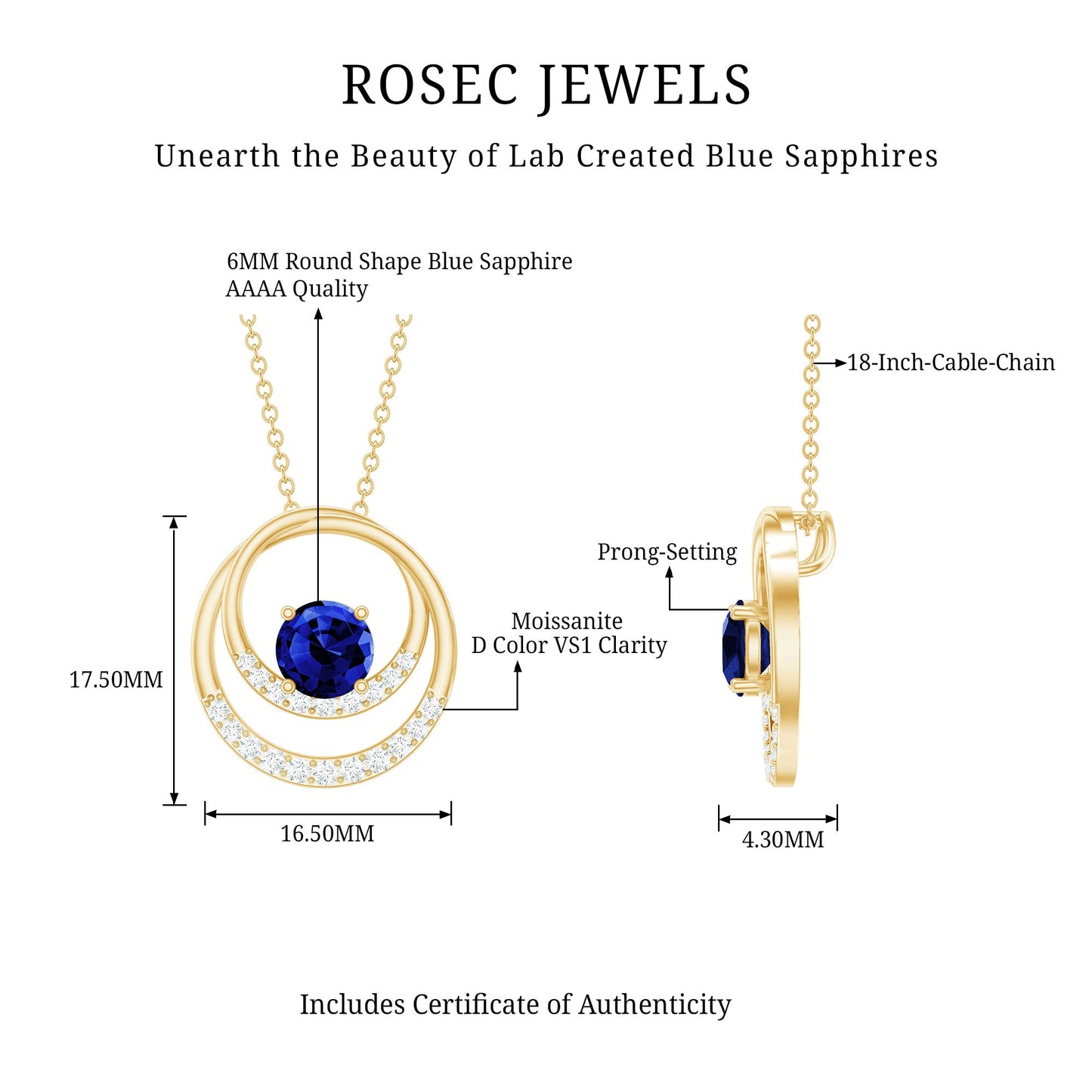 Lab Grown Blue Sapphire and Moissanite Promise Necklace