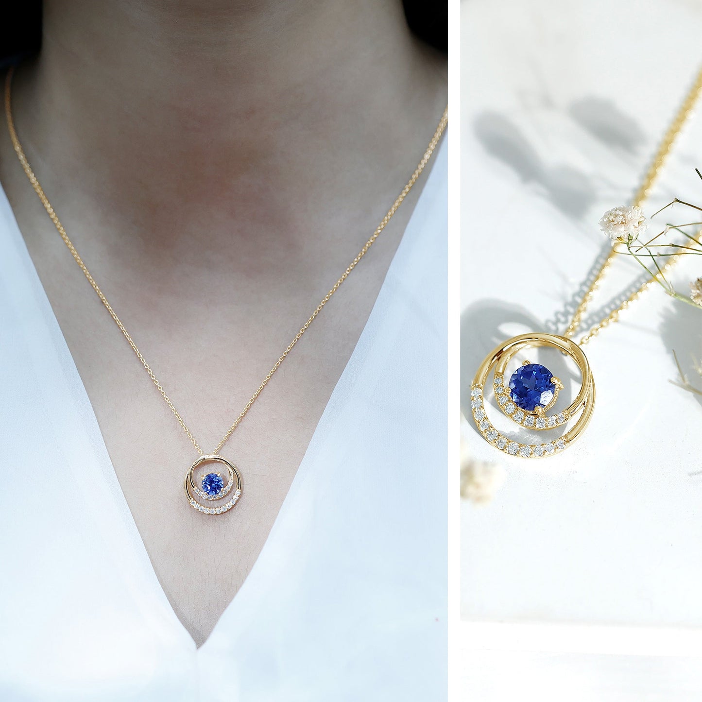 Lab Grown Blue Sapphire and Moissanite Promise Necklace