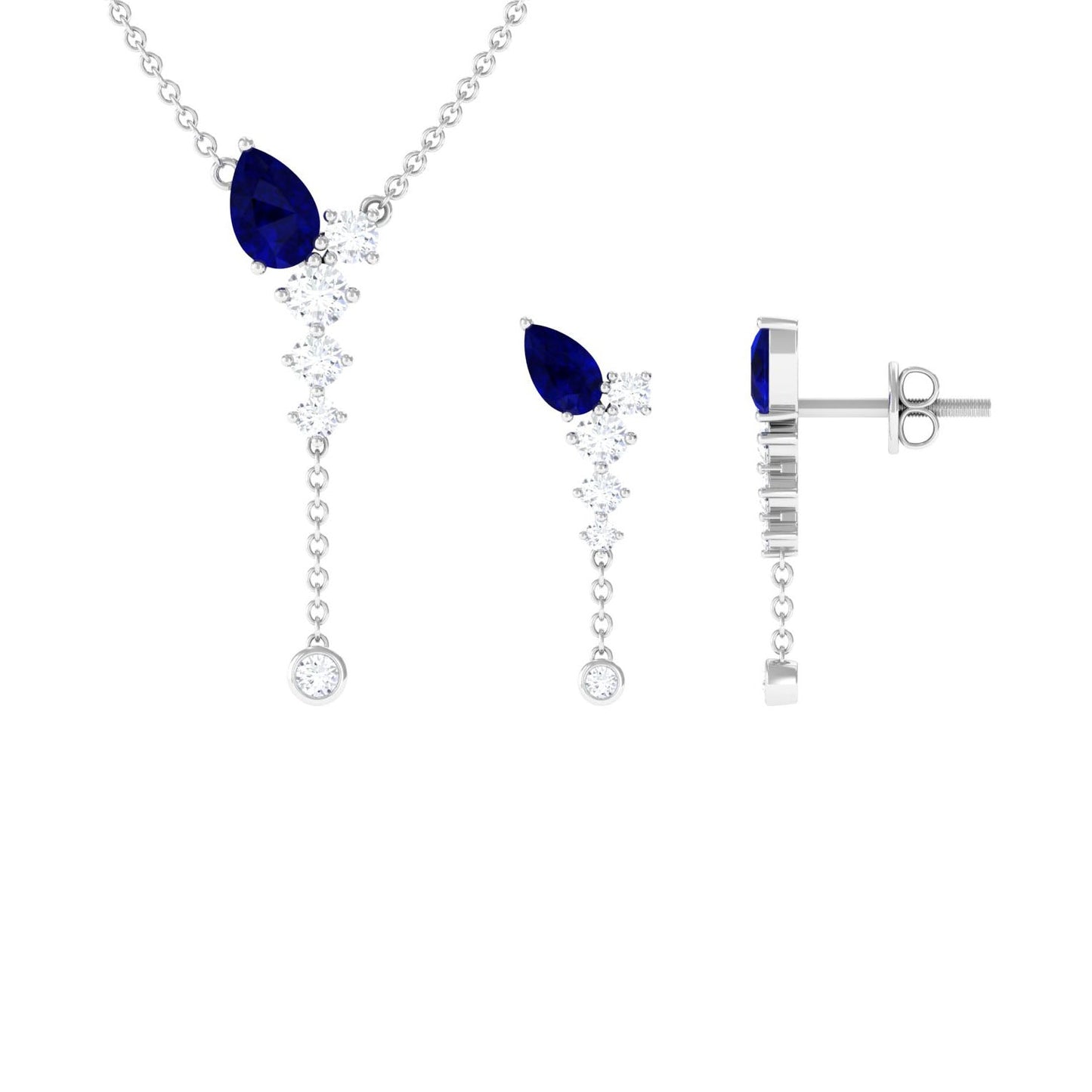 Real Blue Sapphire Diamond Y Necklace and Earrings Set