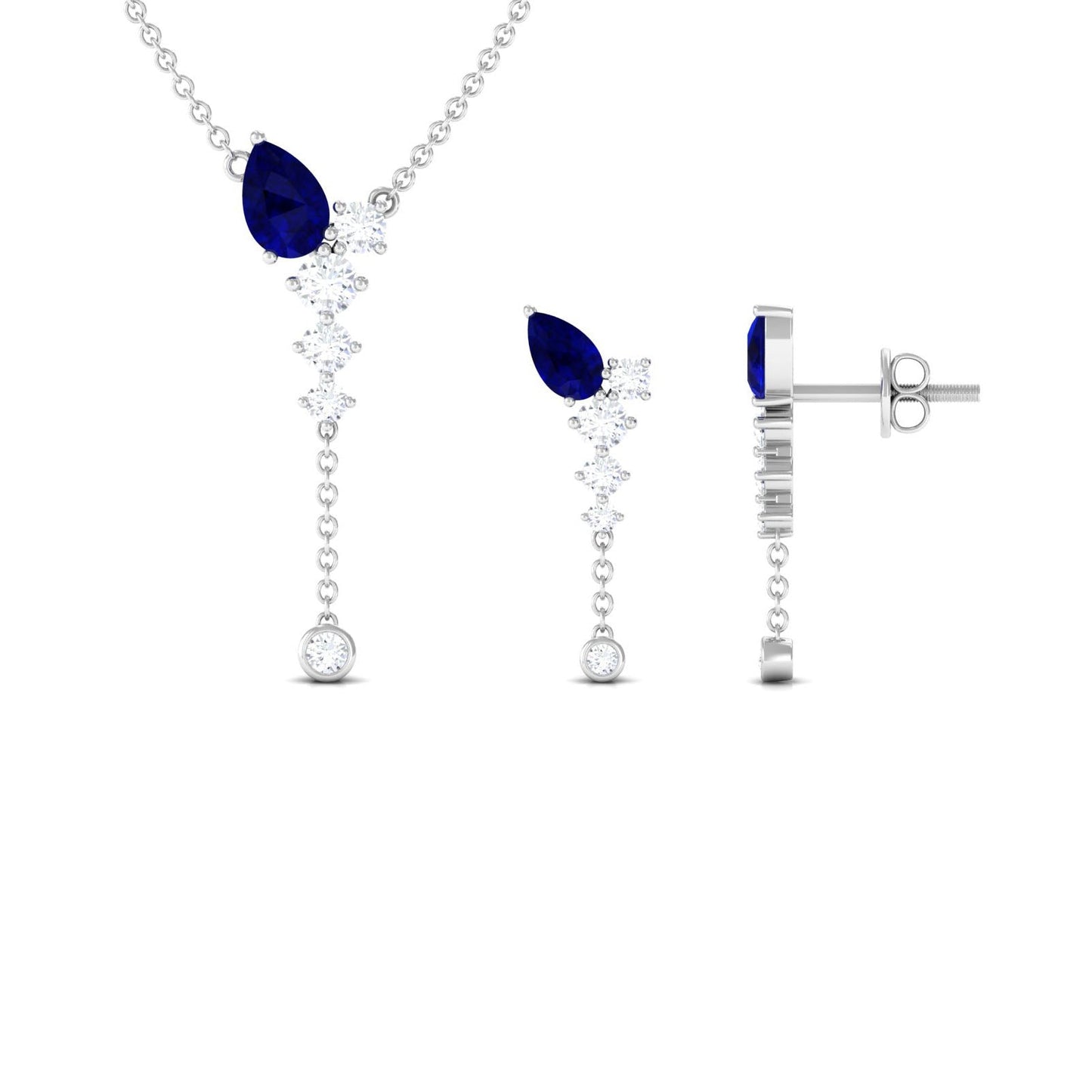 Real Blue Sapphire Diamond Y Necklace and Earrings Set