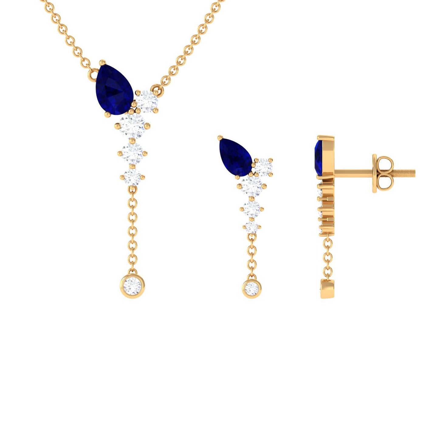 Real Blue Sapphire Diamond Y Necklace and Earrings Set