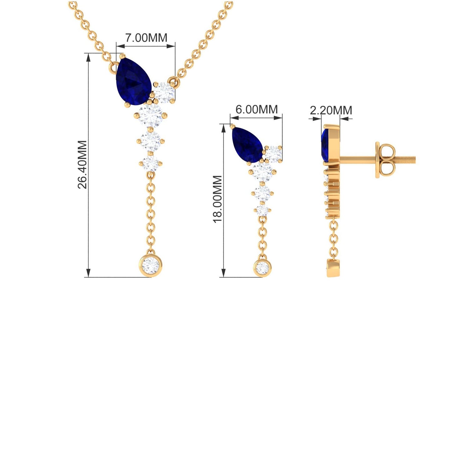 Real Blue Sapphire Diamond Y Necklace and Earrings Set
