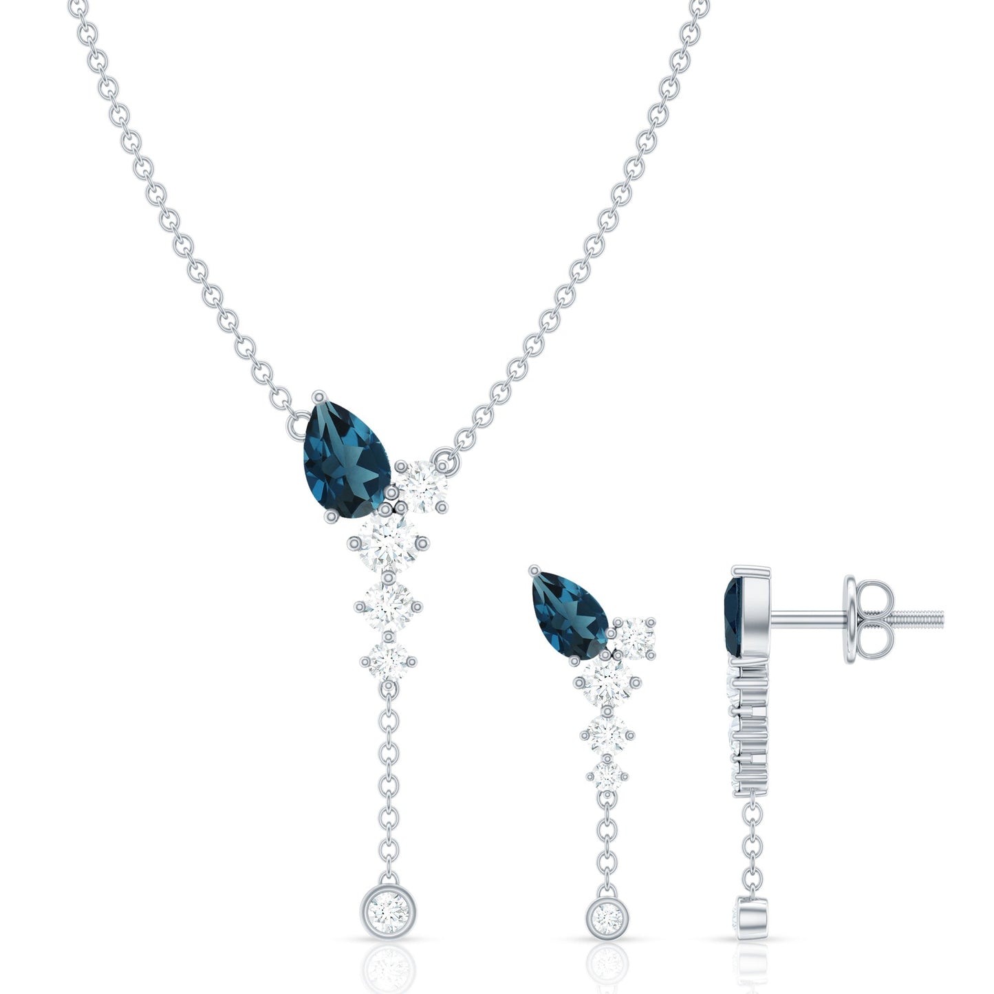 Minimal Dangle Necklace Earrings Set with London Blue Topaz and Diamond