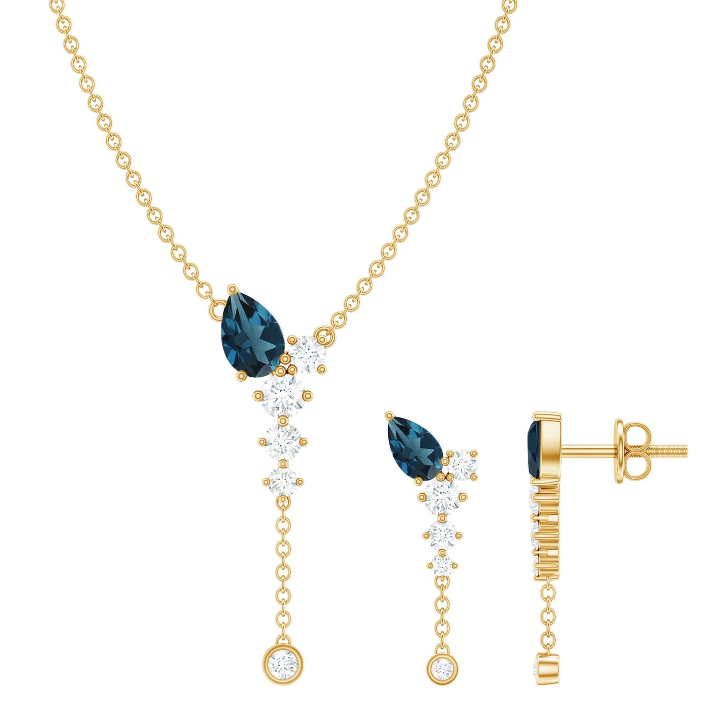 Minimal Dangle Necklace Earrings Set with London Blue Topaz and Diamond