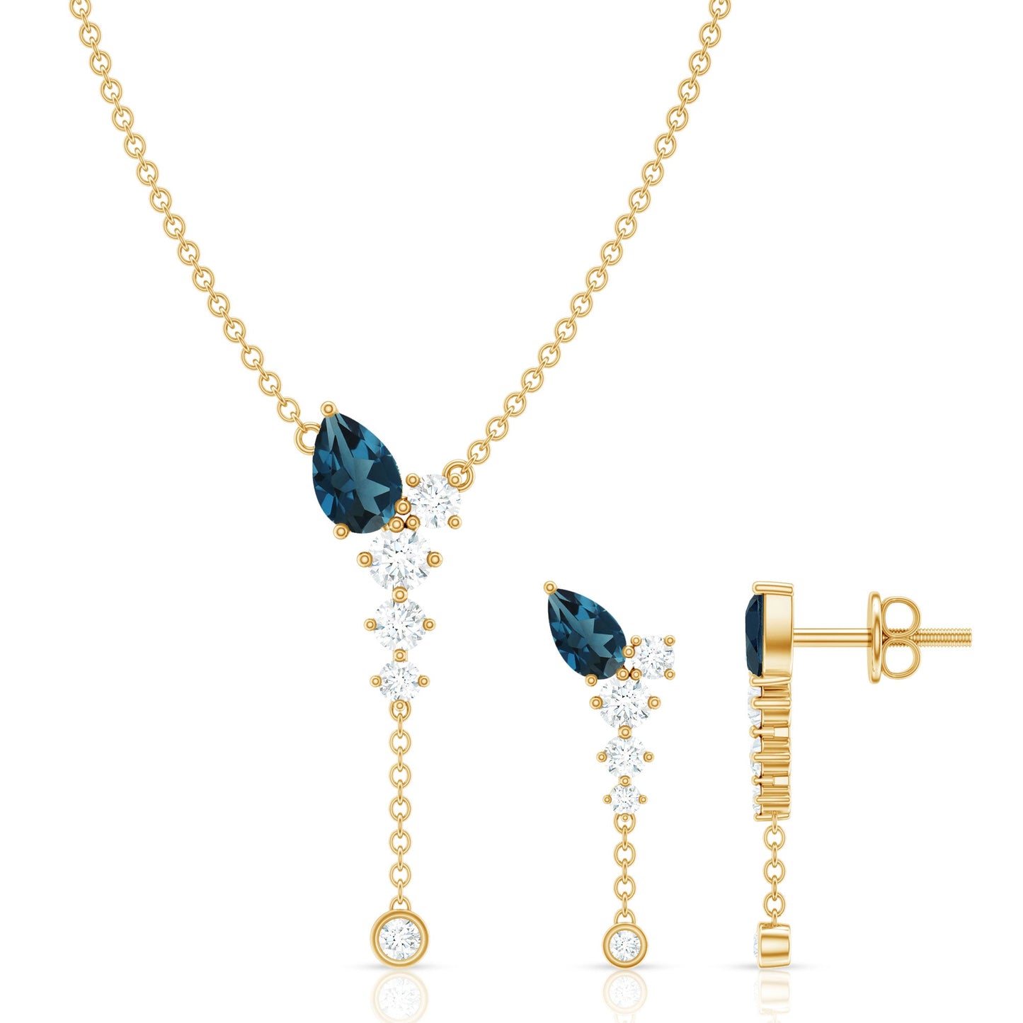 Minimal Dangle Necklace Earrings Set with London Blue Topaz and Diamond