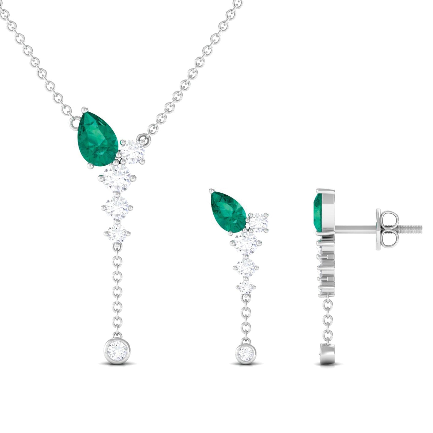 Natural Emerald Y Necklace and Earrings Set with Diamond