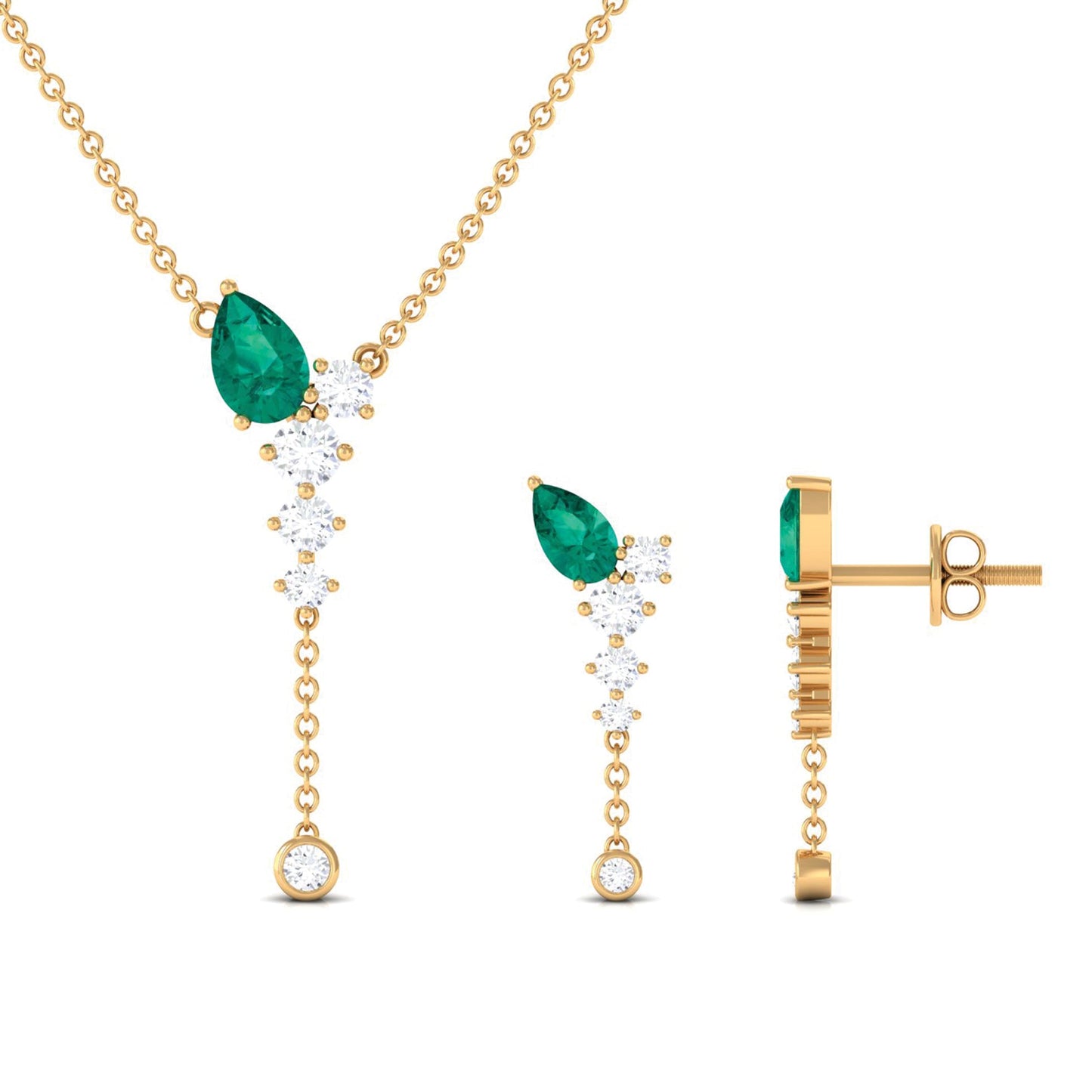 Natural Emerald Y Necklace and Earrings Set with Diamond