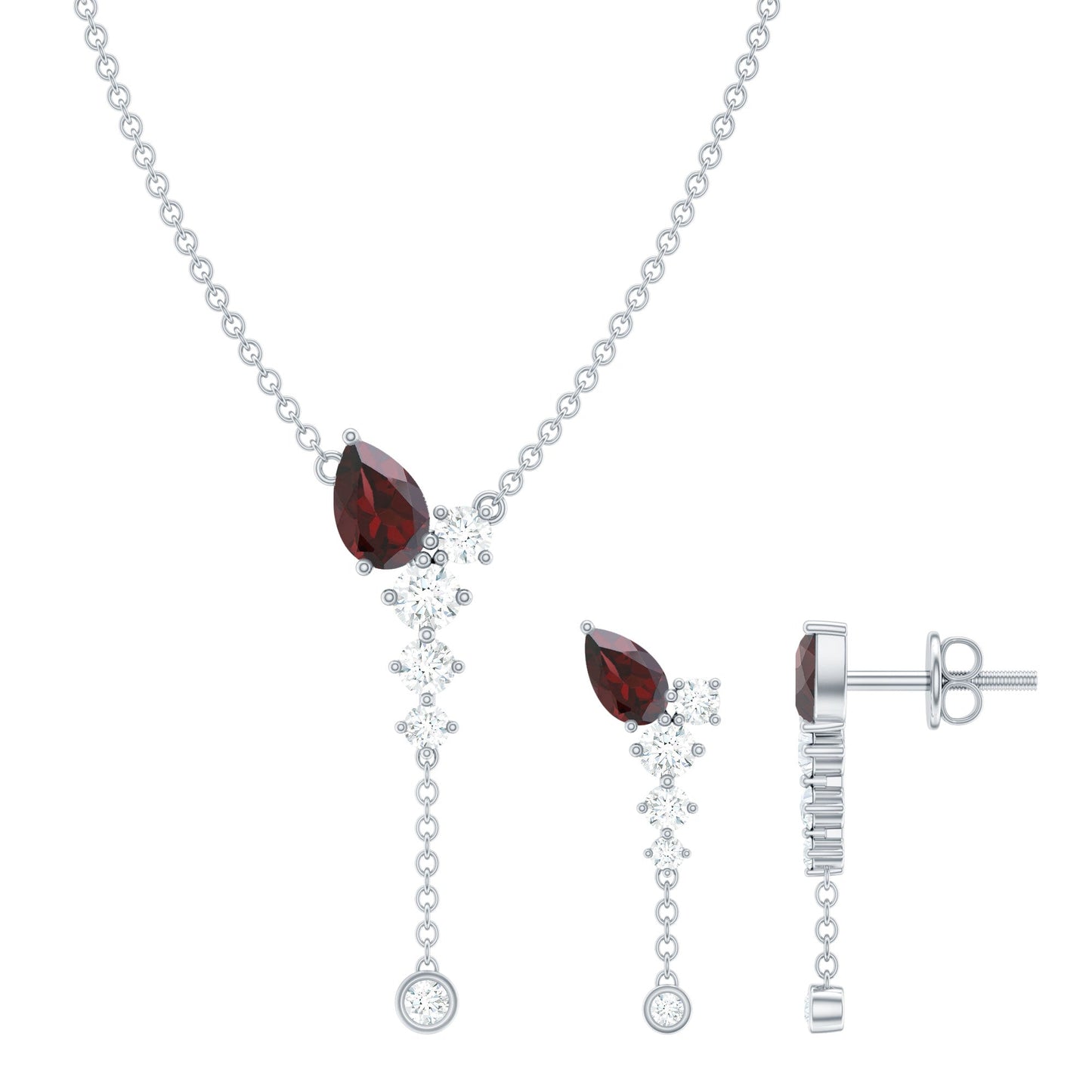 Pear Shape Garnet Dangle Necklace Earrings Set with Diamond