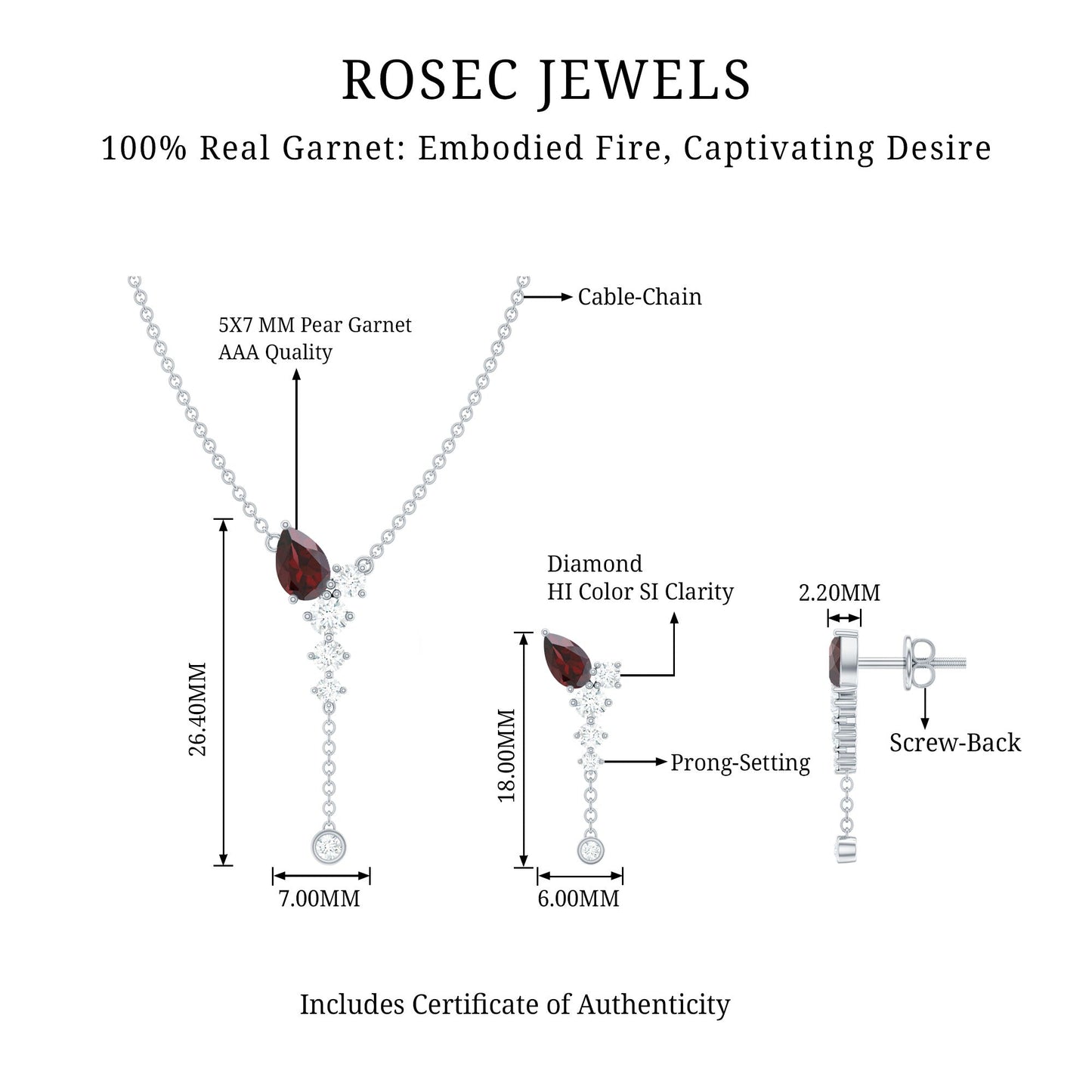 Pear Shape Garnet Dangle Necklace Earrings Set with Diamond