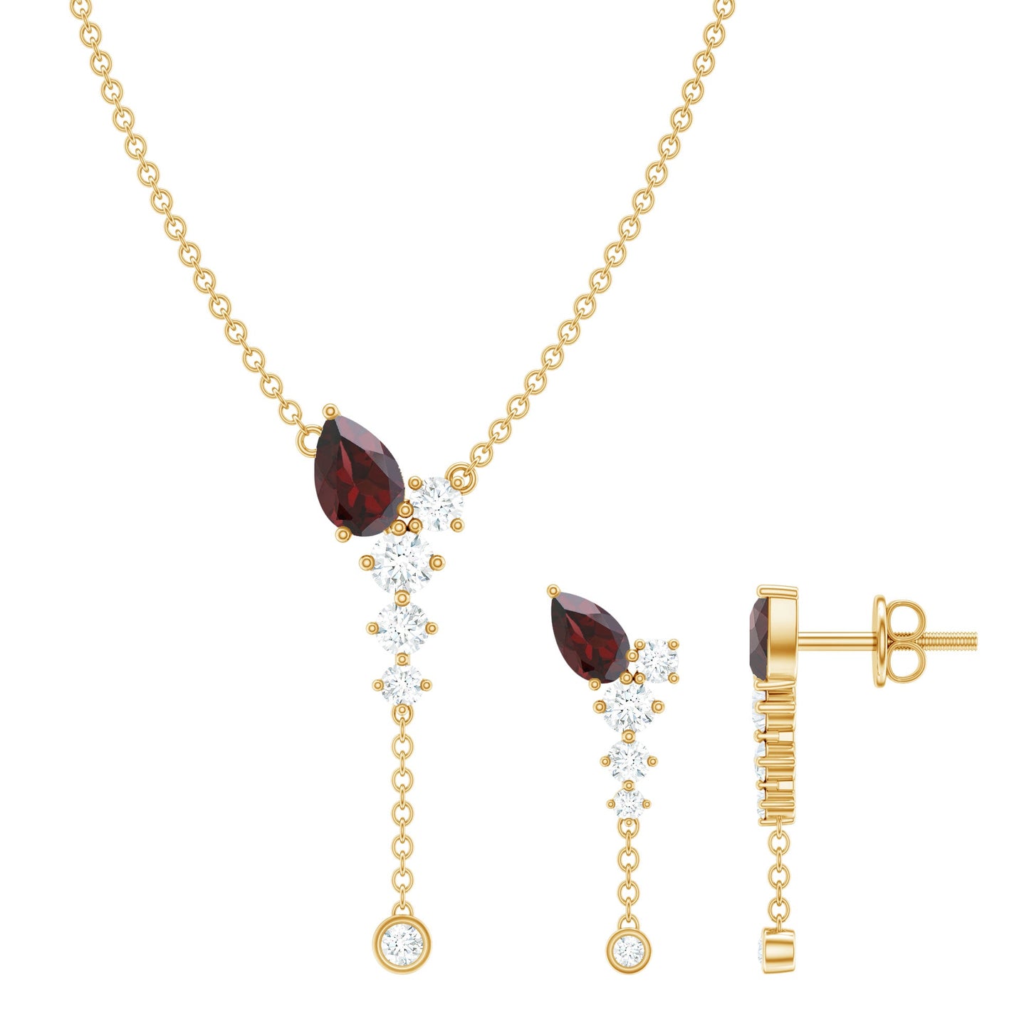 Pear Shape Garnet Dangle Necklace Earrings Set with Diamond