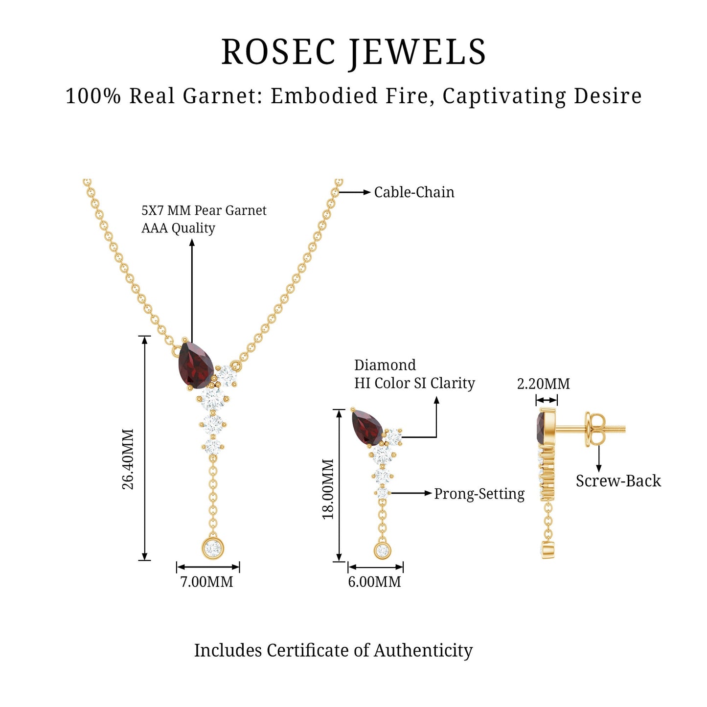 Pear Shape Garnet Dangle Necklace Earrings Set with Diamond