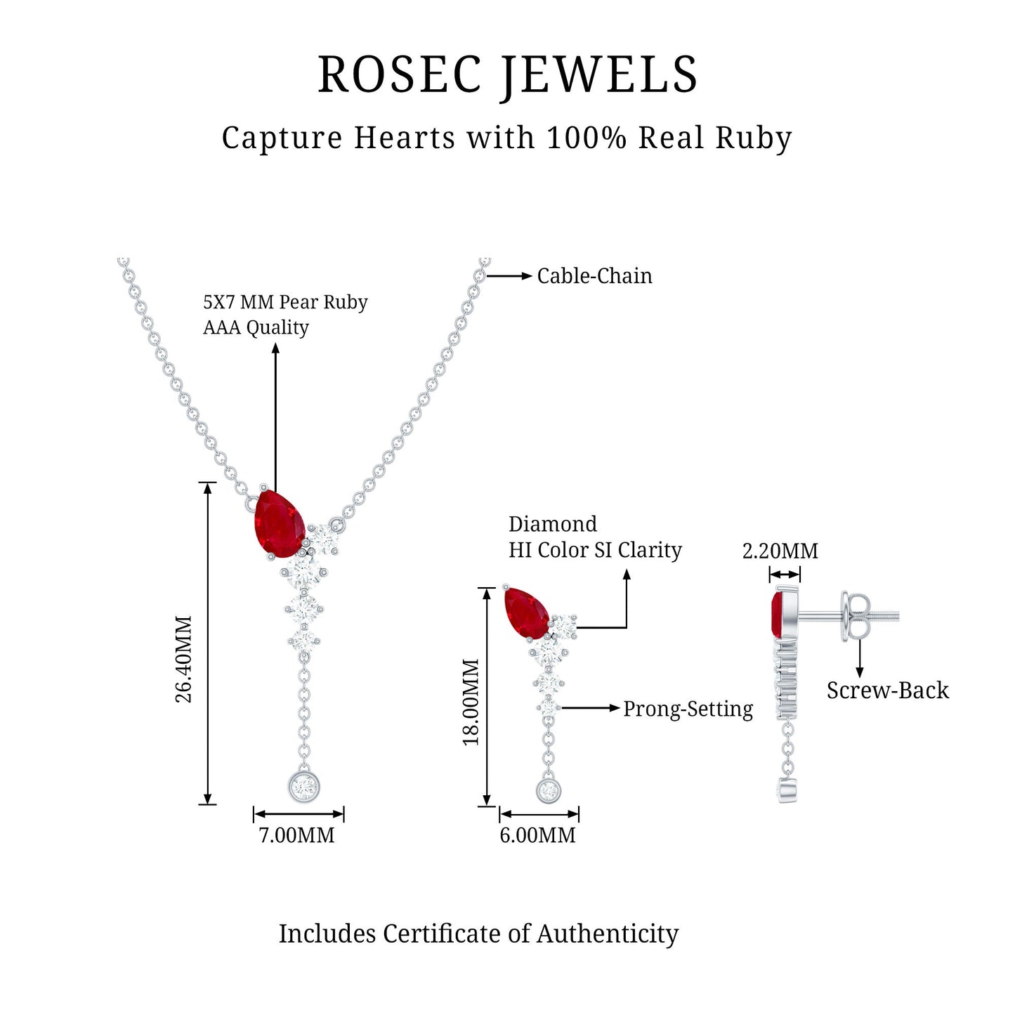 Pear Cut Ruby Dangle Necklace and Earrings Set with Diamond