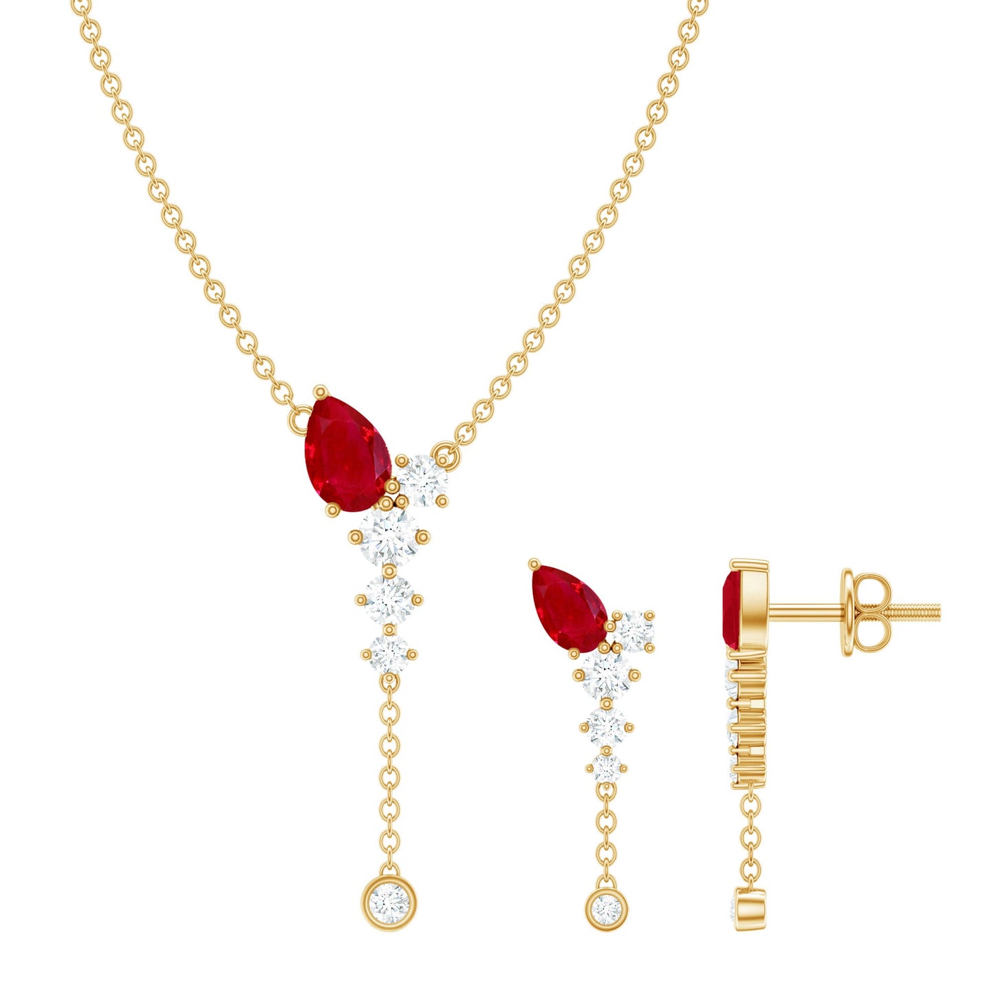 Pear Cut Ruby Dangle Necklace and Earrings Set with Diamond