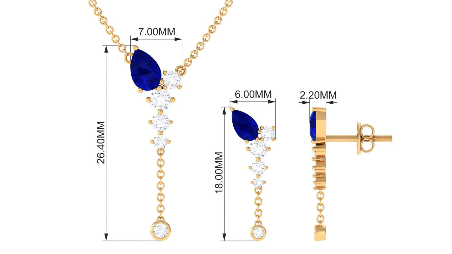Minimal Created Blue Sapphire Dangle Necklace and Earrings Set with Diamond