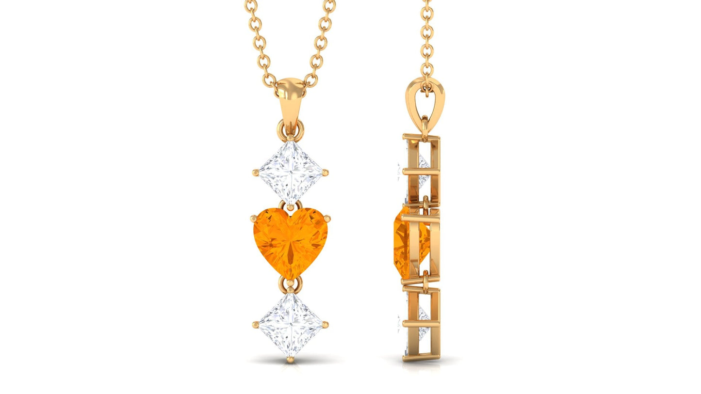 Heart Shape Fire Opal Drop Pendant with Princess Cut Moissanite