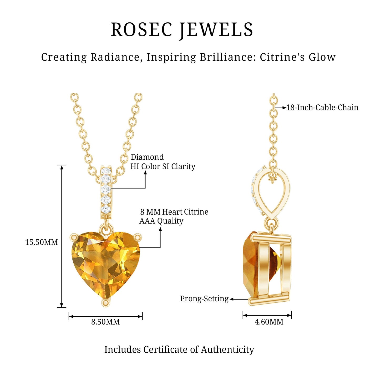 Natural 2 Carat Citrine Heart Pendant Necklace with Diamond