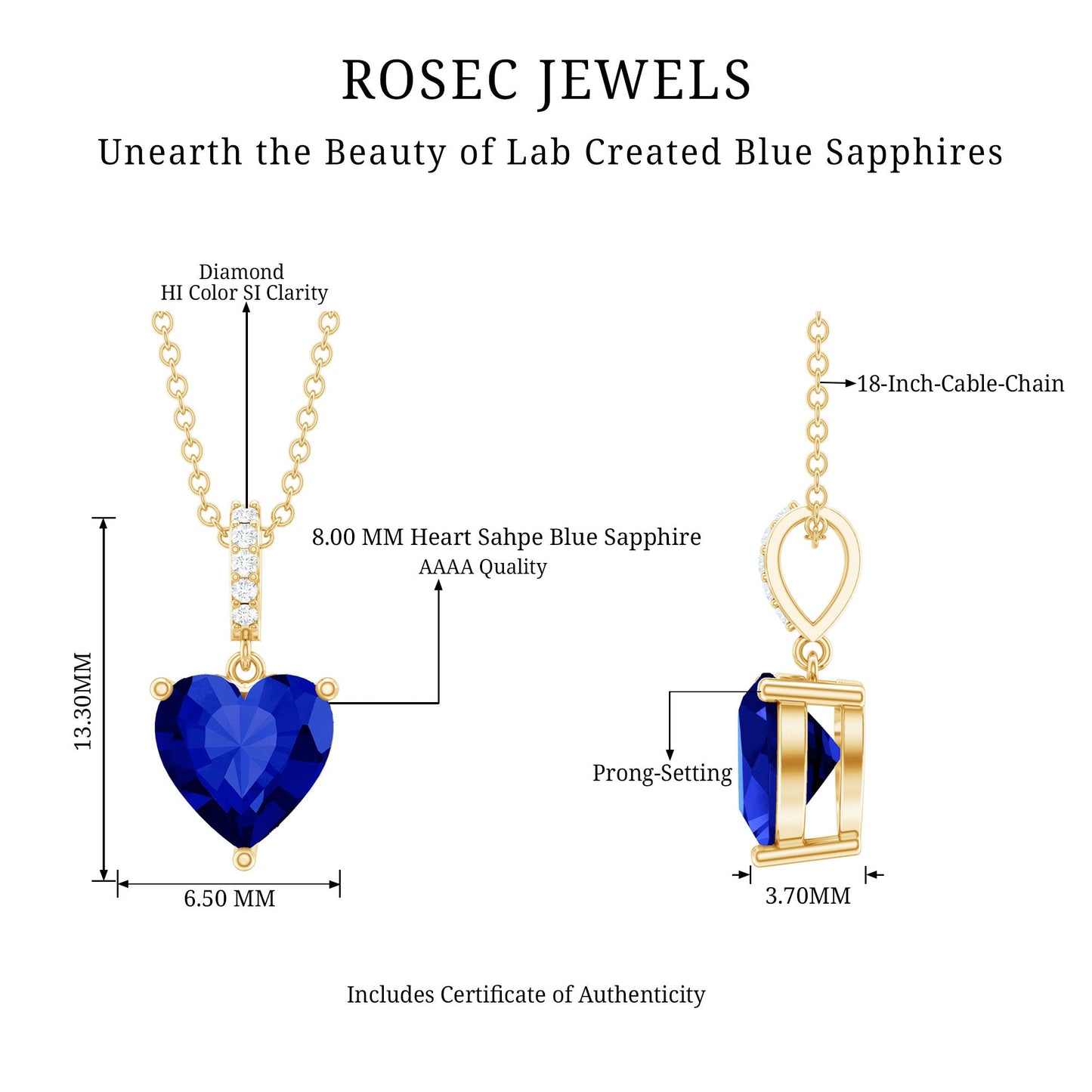 2 Carat Heart Shape Lab Created Blue Sapphire Solitaire Pendant with Diamond