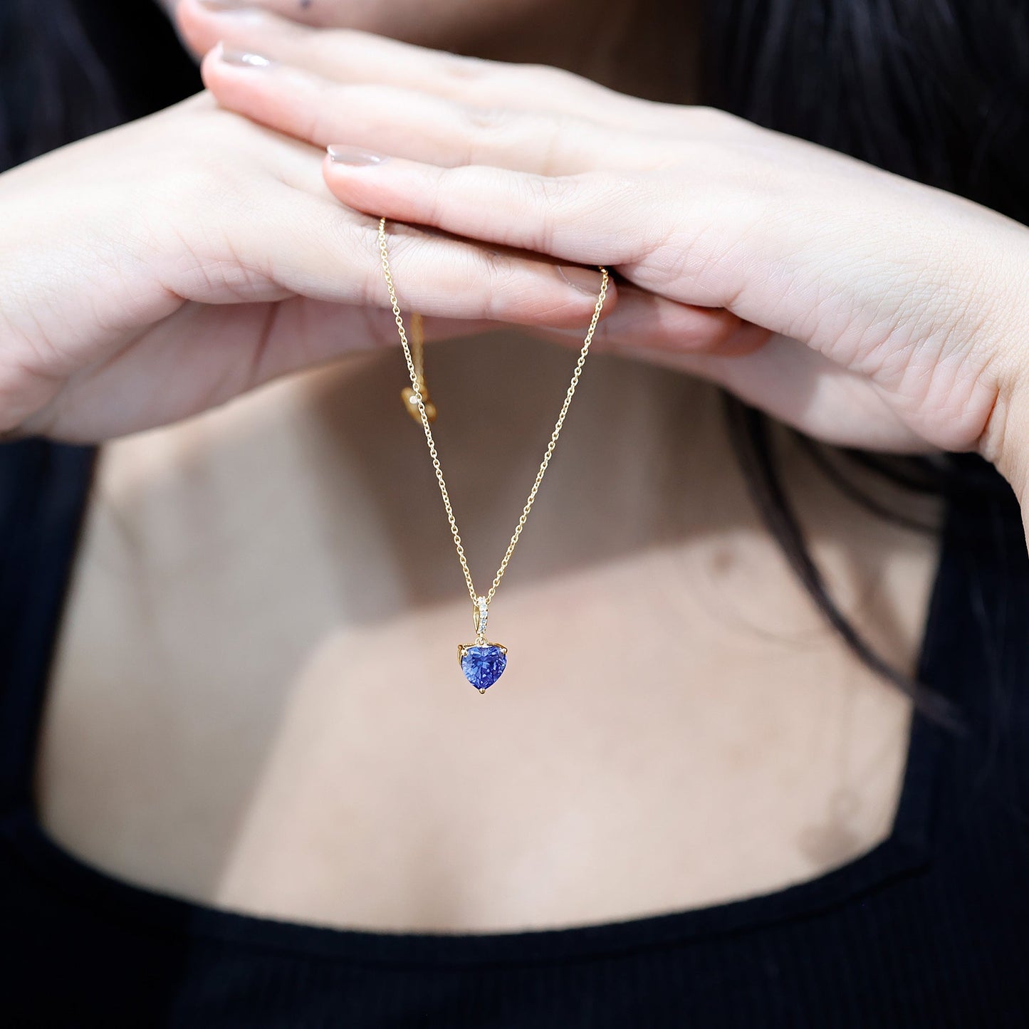 2 Carat Heart Shape Lab Created Blue Sapphire Solitaire Pendant with Diamond