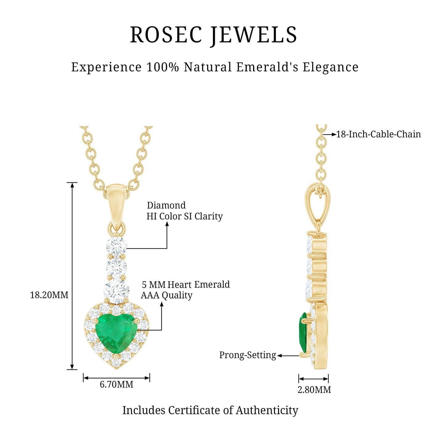 Natural Emerald Drop Heart Pendant Necklace with Diamond